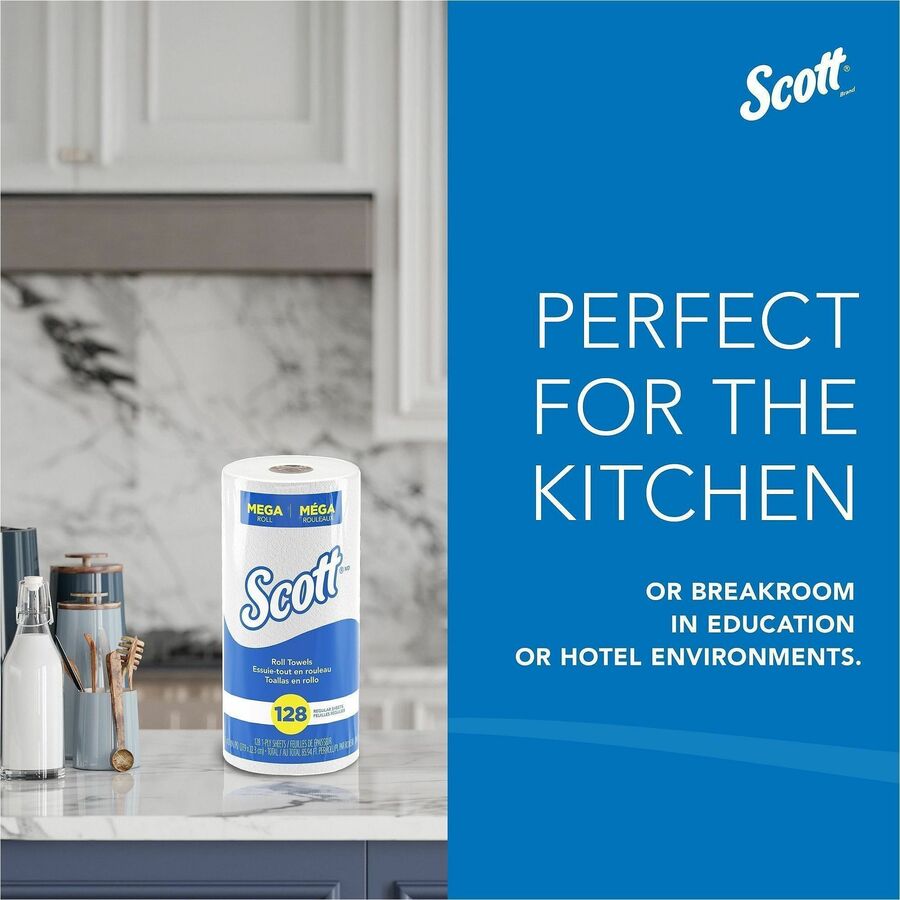 Scott Kitchen Paper Towels with Fast-Drying Absorbency Pockets - 1 Ply - 11" x 8.78" - 128 Sheets/Roll - 4.90" Roll Diameter - White - Absorbent, Perforated - For Kitchen - 20 / Carton