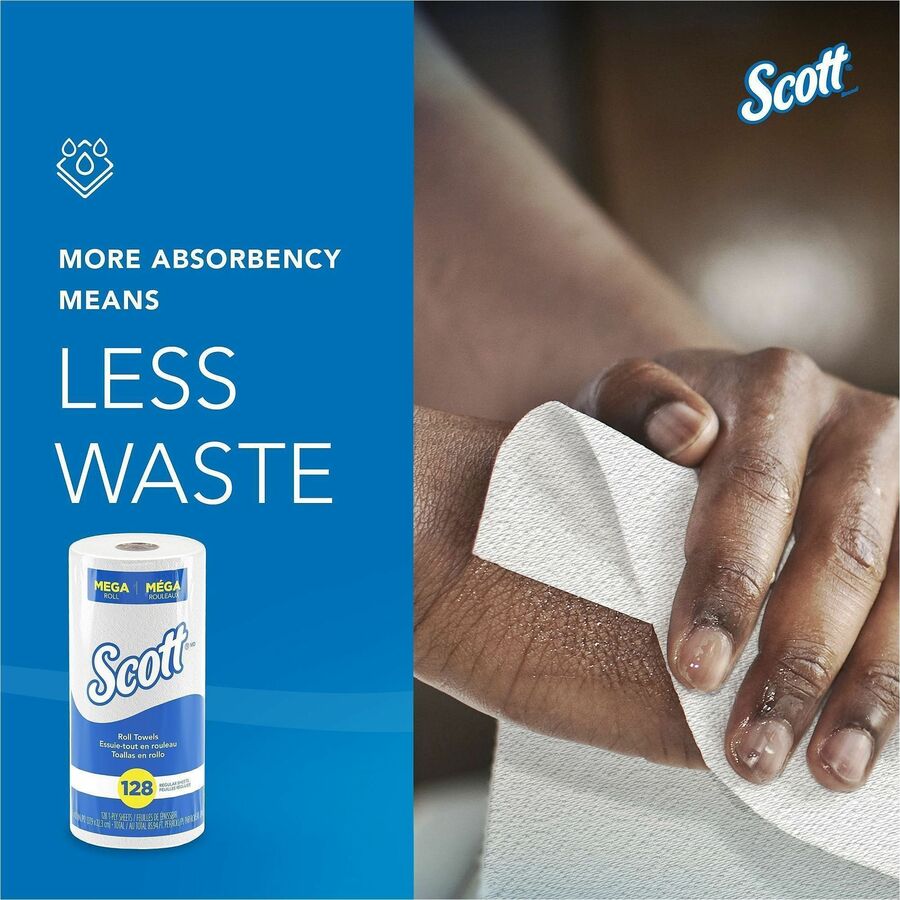 Scott Kitchen Paper Towels with Fast-Drying Absorbency Pockets - 1 Ply - 11" x 8.78" - 128 Sheets/Roll - 4.90" Roll Diameter - White - Absorbent, Perforated - For Kitchen - 20 / Carton