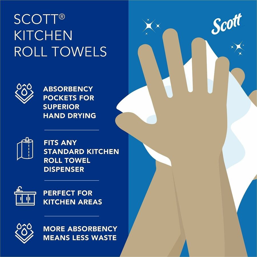 Scott Kitchen Paper Towels with Fast-Drying Absorbency Pockets - 1 Ply - 11" x 8.78" - 128 Sheets/Roll - 4.90" Roll Diameter - White - Absorbent, Perforated - For Kitchen - 20 / Carton
