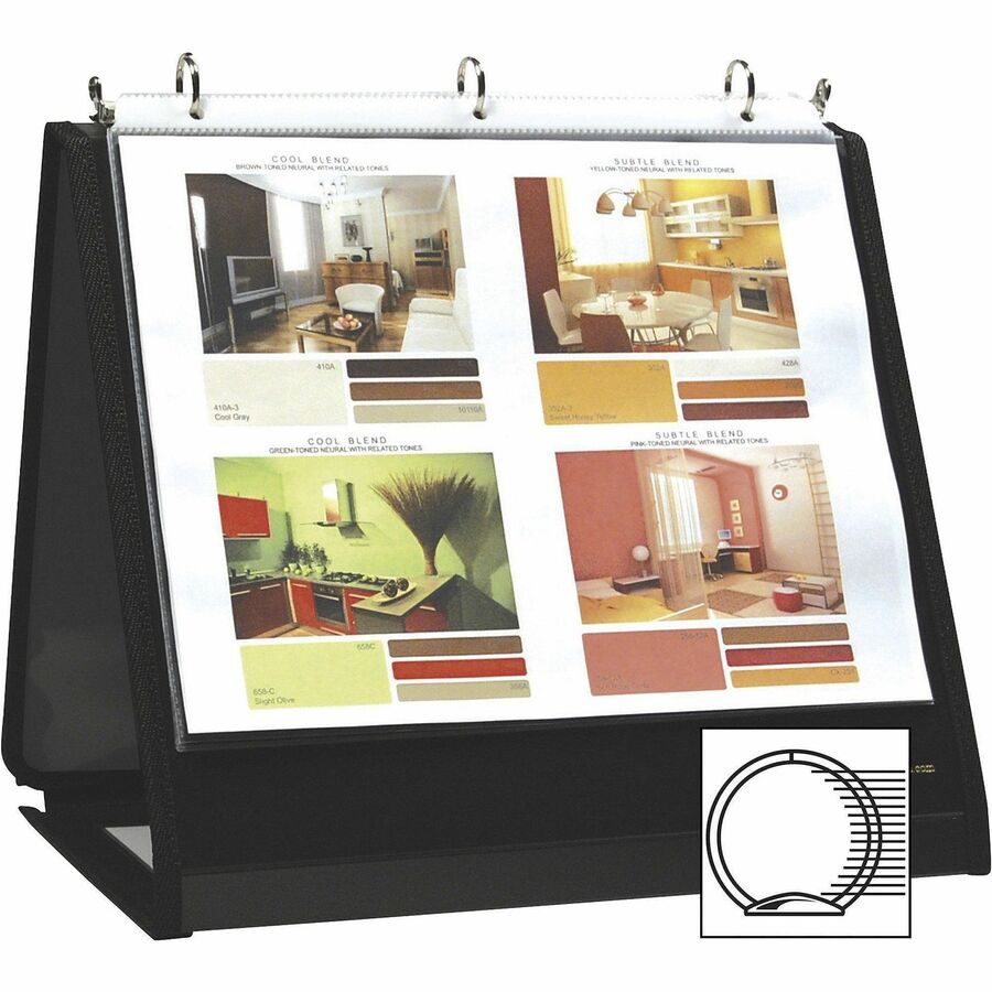 Lion Insta-Cover Round Ring Easel Binder - 3/4" Binder Capacity - Letter - 8 1/2" x 11" Sheet Size - 3 x Round Ring Fastener(s) - 40 Pocket(s) - Black - Recycled - Label Holder, Reinforced Sewn Edge, Business Card Holder - 1 Each