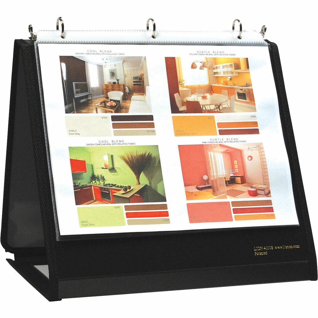 Lion Insta-Cover Round Ring Easel Binder - 3/4" Binder Capacity - Letter - 8 1/2" x 11" Sheet Size - 3 x Round Ring Fastener(s) - 40 Pocket(s) - Black - Recycled - Label Holder, Reinforced Sewn Edge, Business Card Holder - 1 Each - 