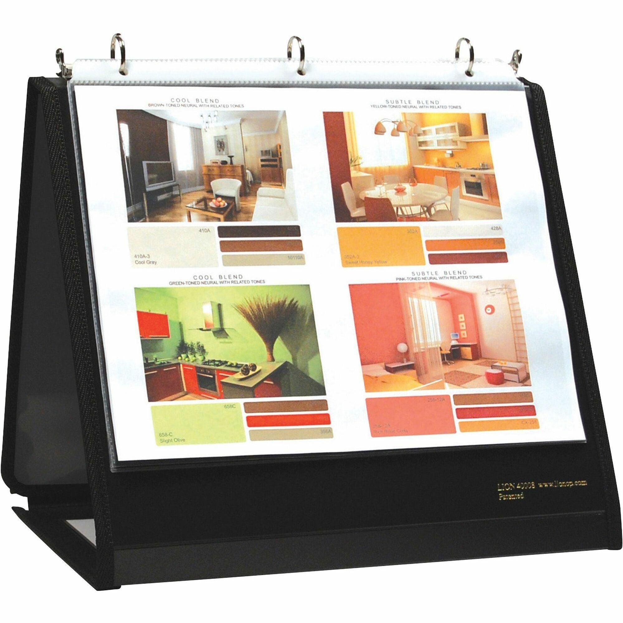 Lion Insta-Cover Round Ring Easel Binder - 3/4" Binder Capacity - Letter - 8 1/2" x 11" Sheet Size - 3 x Round Ring Fastener(s) - 40 Pocket(s) - Black - Recycled - Label Holder, Reinforced Sewn Edge, Business Card Holder - 1 Each - 