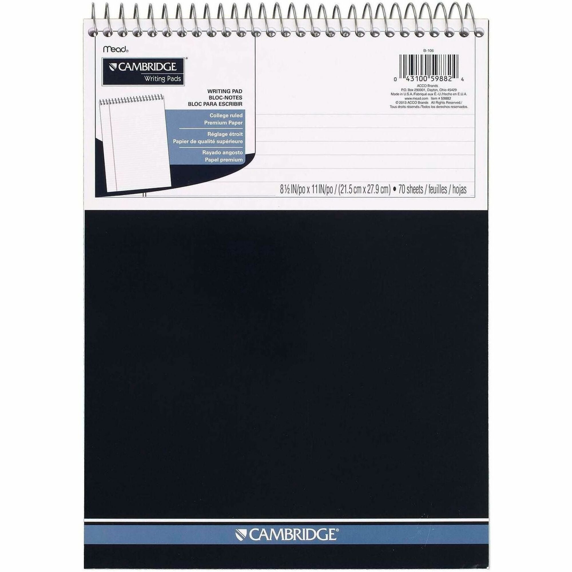 Stiff-Back Wire Bound Notepad, Medium/College Rule, Navy Cover, 70 White 8.5 x 11.5 Sheets