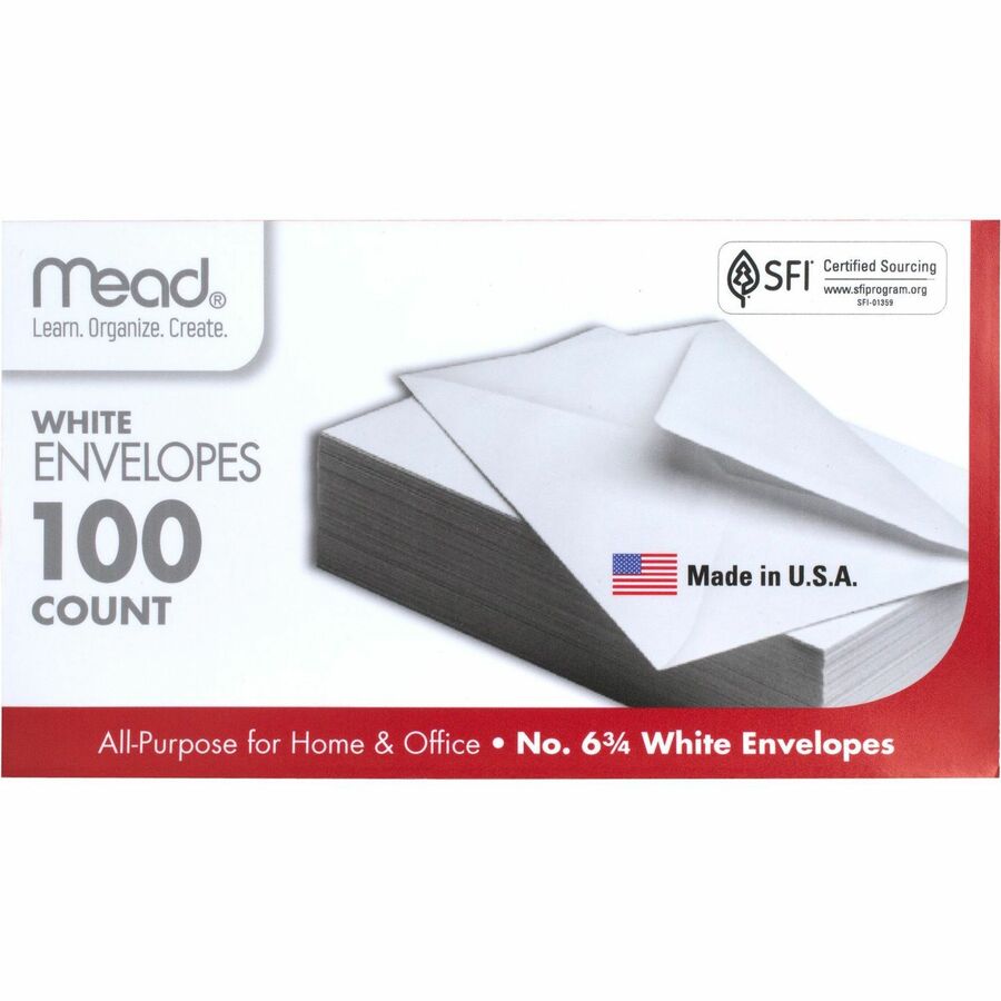 Mead Plain White Envelopes - Business - #6 3/4 - 3 5/8" Width x 6 1/2" Length - Gummed - 100 / Box - White