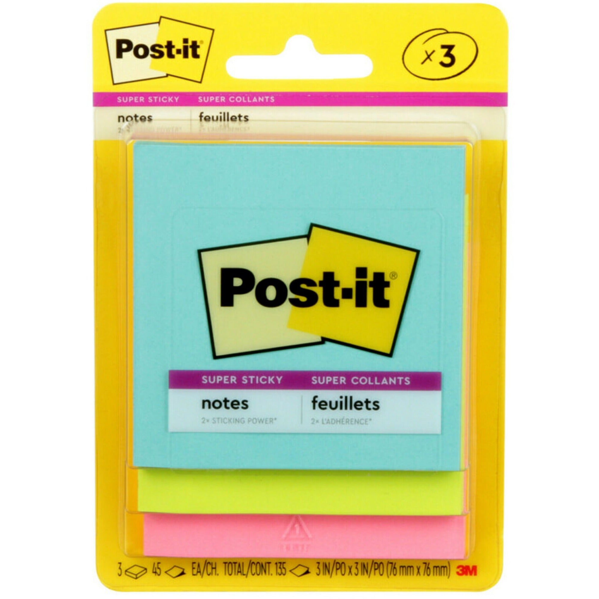 Post-it Super Sticky Notes - Supernova Neons Color Collection - 135 - 3" x 3" - Square - 45 Sheets per Pad - Unruled - Aqua Splash, Acid Lime, Tropical Pink - Paper - Self-adhesive - 3 / Pack - 