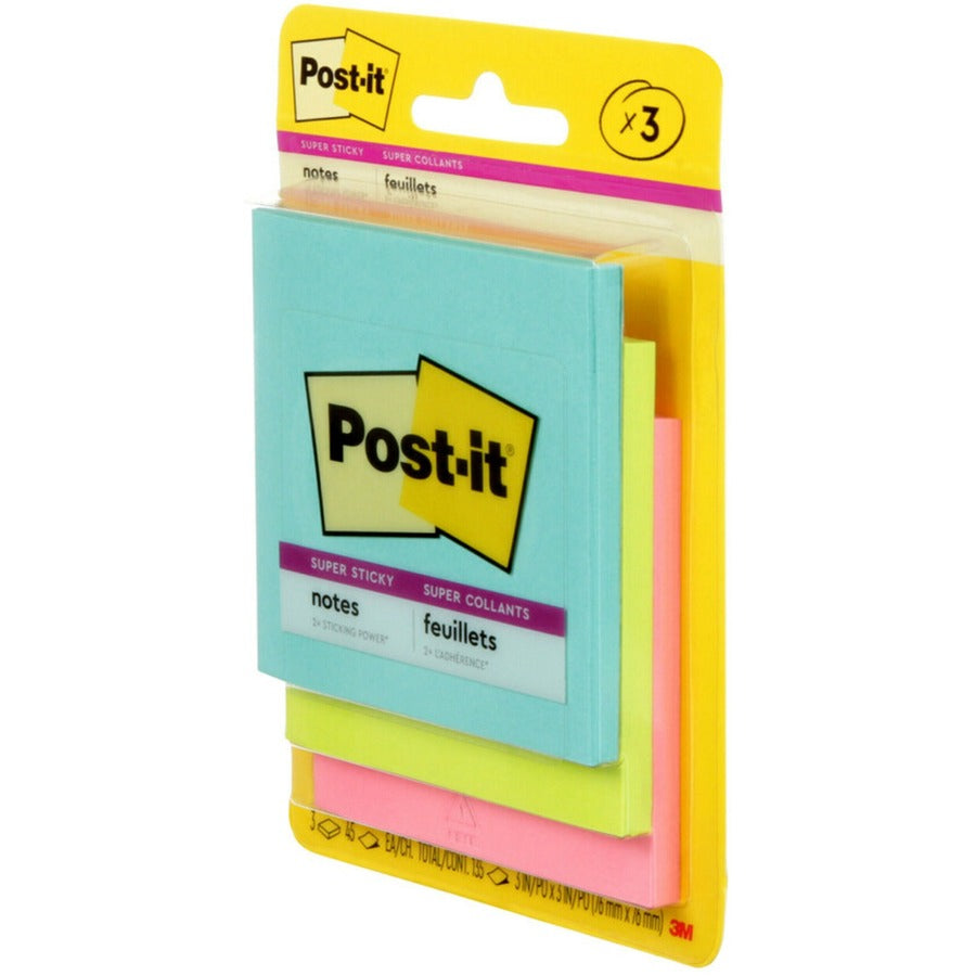 Post-it Super Sticky Notes - Supernova Neons Color Collection - 135 - 3" x 3" - Square - 45 Sheets per Pad - Unruled - Aqua Splash, Acid Lime, Tropical Pink - Paper - Self-adhesive - 3 / Pack - 