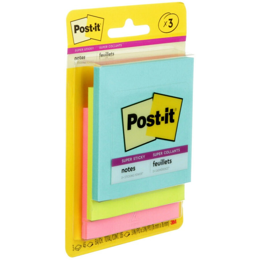 Post-it Super Sticky Notes - Supernova Neons Color Collection - 135 - 3" x 3" - Square - 45 Sheets per Pad - Unruled - Aqua Splash, Acid Lime, Tropical Pink - Paper - Self-adhesive - 3 / Pack - 