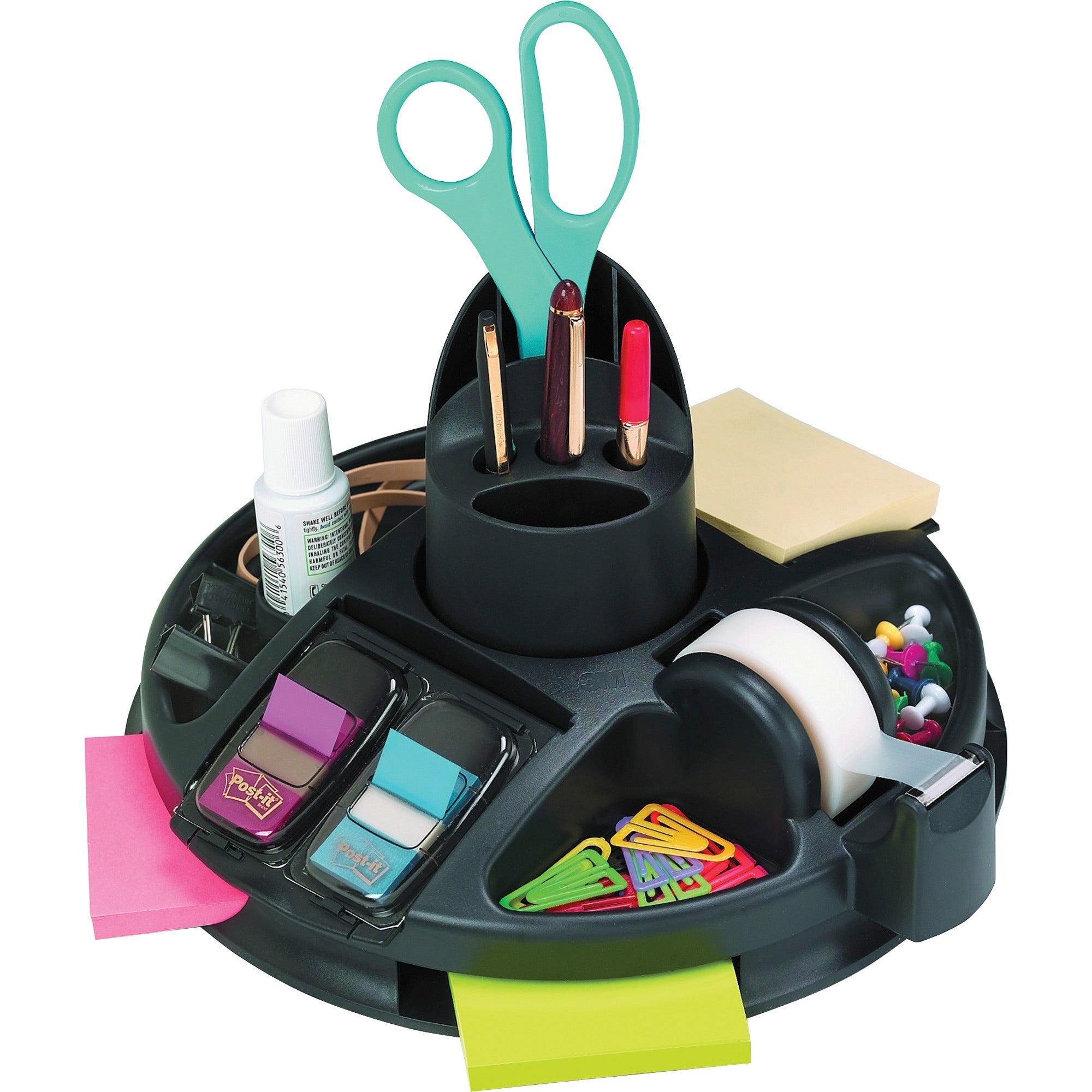 Rotary Self-Stick Notes Dispenser, 14 Compartments, Plastic, 10" Diameter x 6"h, Black