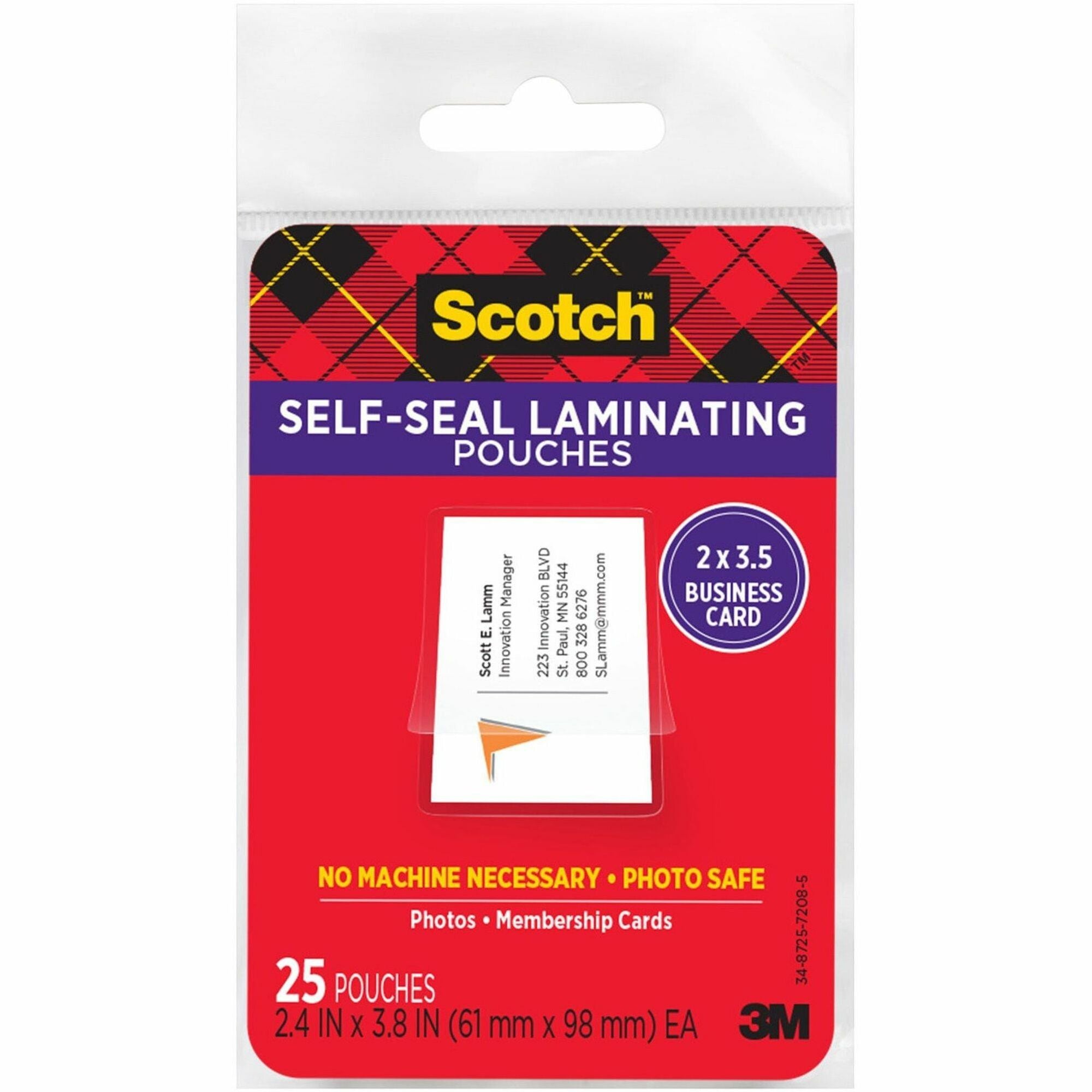Self-Sealing Laminating Pouches, 9.5 mil, 3.88" x 2.44", Gloss Clear, 25/Pack