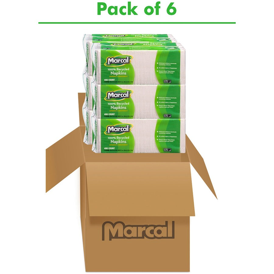 Marcal 100% Recycled Luncheon Napkins - 1 Ply - 12.50" x 11.40" - White - Paper - Hypoallergenic, Dye-free, Fragrance-free, Strong, Absorbent - For Food Service, Office Building, Lunch - 400 Per Pack - 6 / Carton