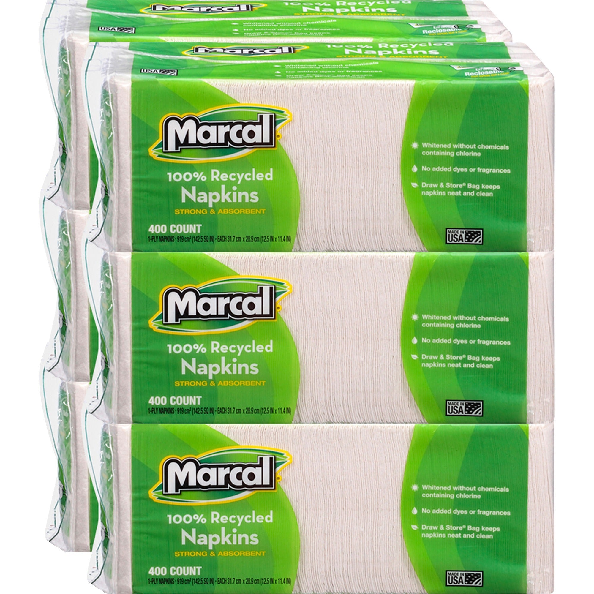 Marcal 100% Recycled Luncheon Napkins - 1 Ply - 12.50" x 11.40" - White - Paper - Hypoallergenic, Dye-free, Fragrance-free, Strong, Absorbent - For Food Service, Office Building, Lunch - 400 Per Pack - 6 / Carton - 