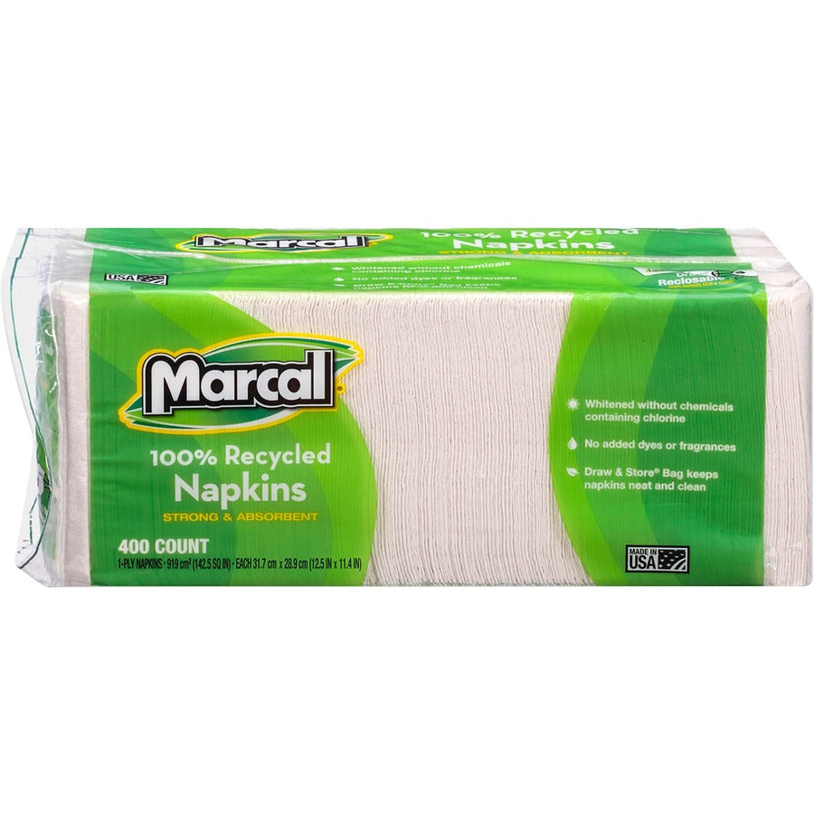 Marcal 100% Recycled Luncheon Napkins - 1 Ply - 12.50" x 11.40" - White - Paper - Hypoallergenic, Dye-free, Fragrance-free, Strong, Absorbent - For Food Service, Office Building, Lunch - 400 Per Pack - 6 / Carton - 