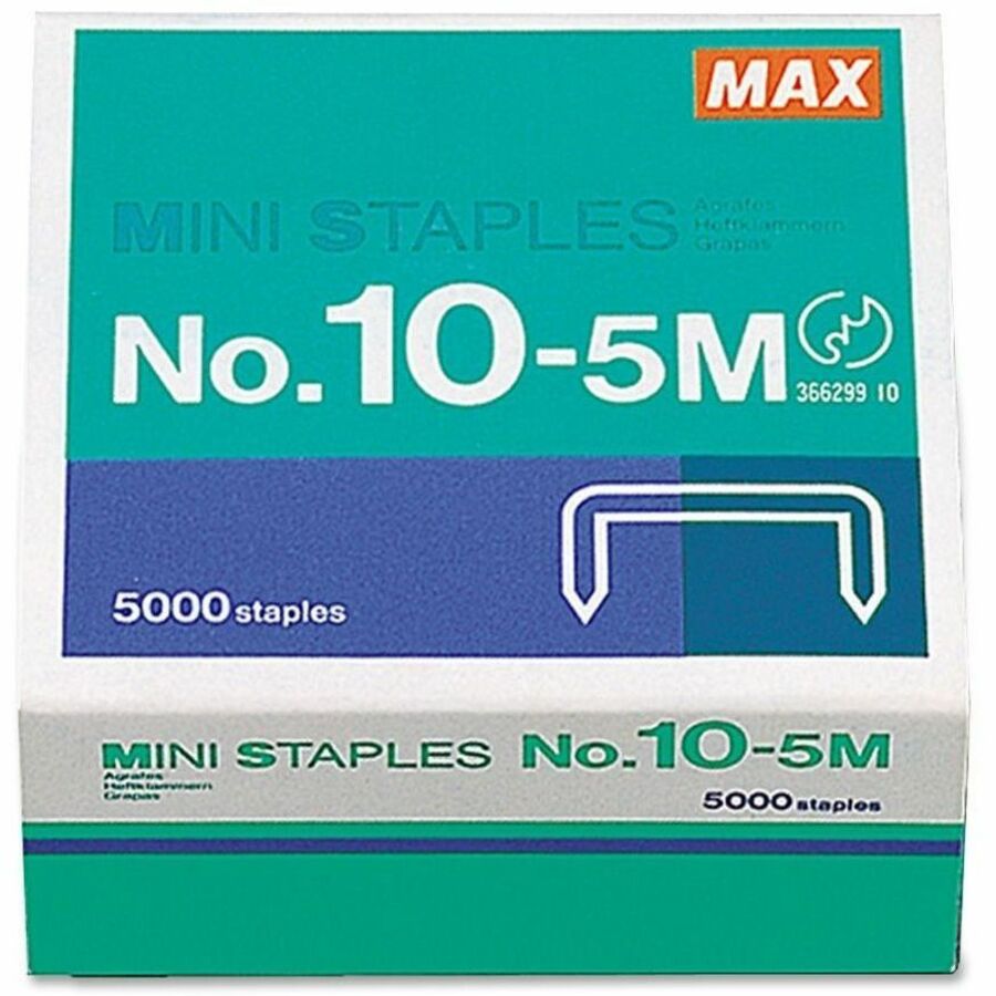 MAX HD-10DF Mini Staples - 100 Per Strip - Heavy Duty - 3/16" Leg - 5/16" Crown - Holds 20 Sheet(s) - for Paper - Silver - 0.2" Height x 0.4" Width5000 / Box - 