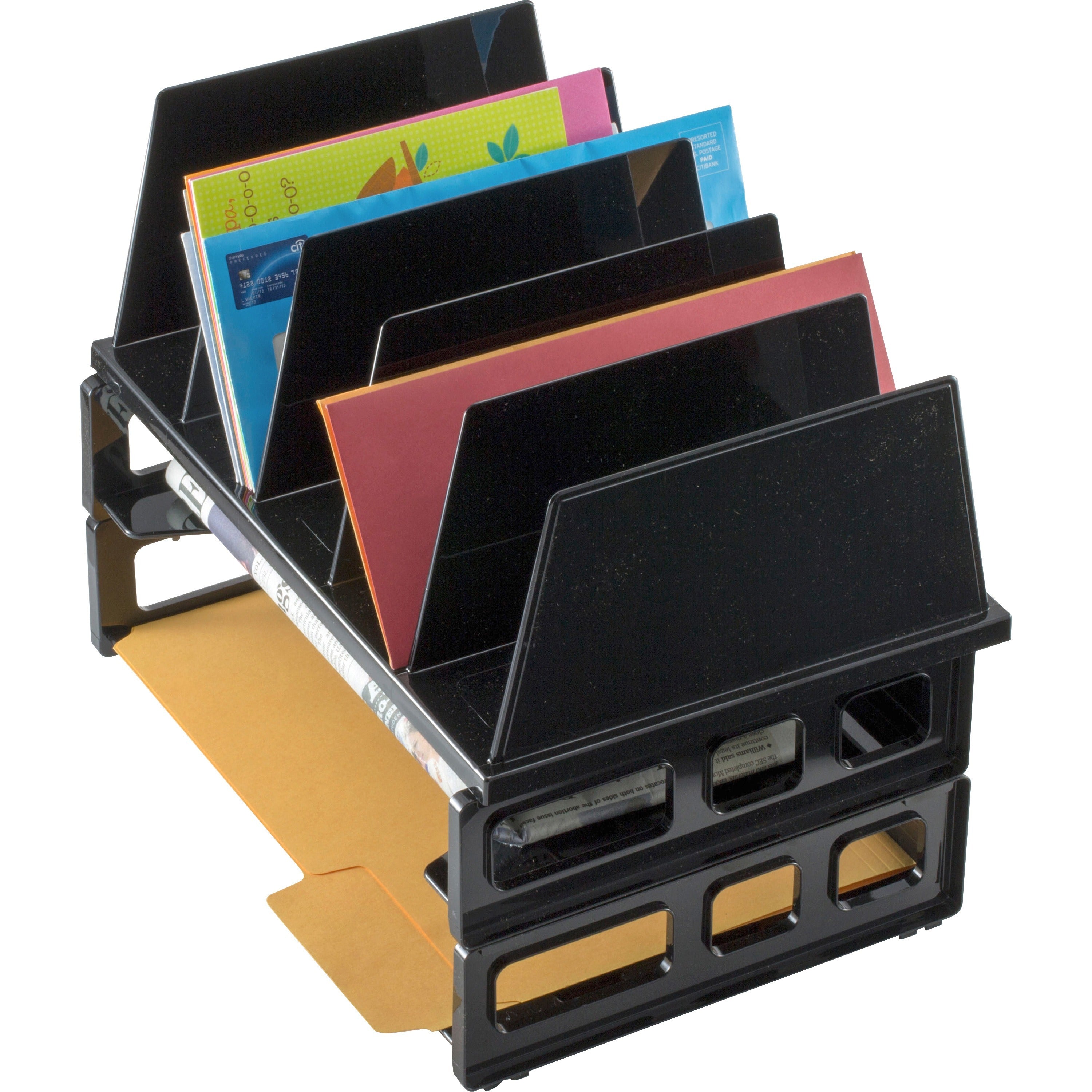 Officemate Sorter with Letter Trays - 5 Compartment(s) - 10.3" Height x 13.5" Width x 9.1" DepthDesktop - Stackable - Black - 1 / Pack - 