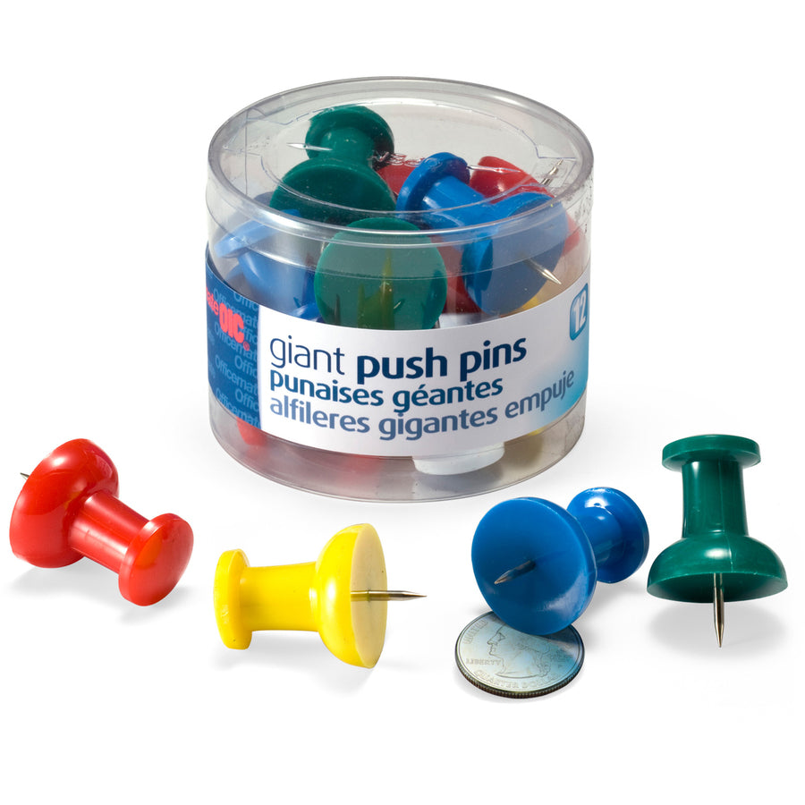 Officemate Giant Push Pins - 1.5" Length - 12 / Pack - Assorted - 