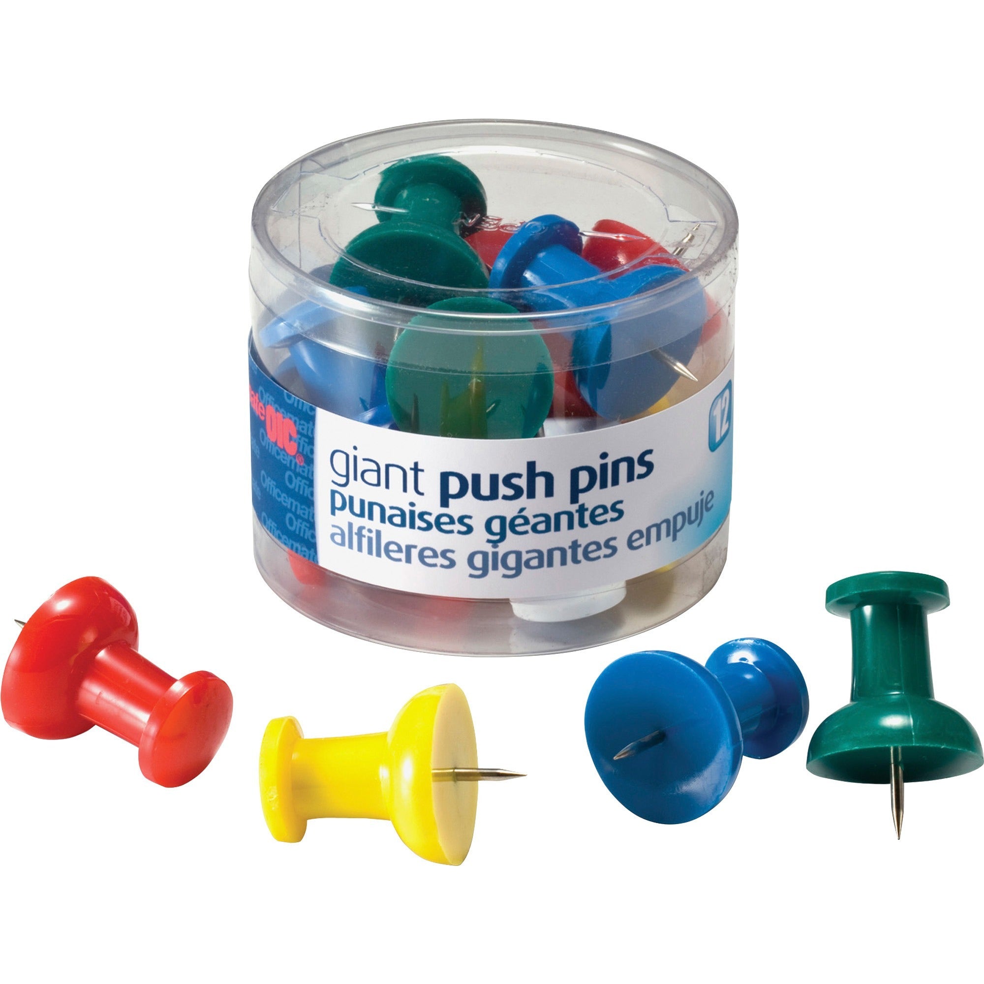 Officemate Giant Push Pins - 1.5" Length - 12 / Pack - Assorted - 