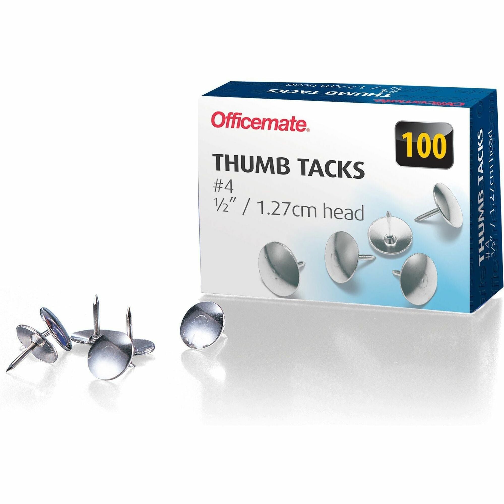 Officemate Steel Thumb Tacks - 0.50" Head - 100 / Box - Silver - 