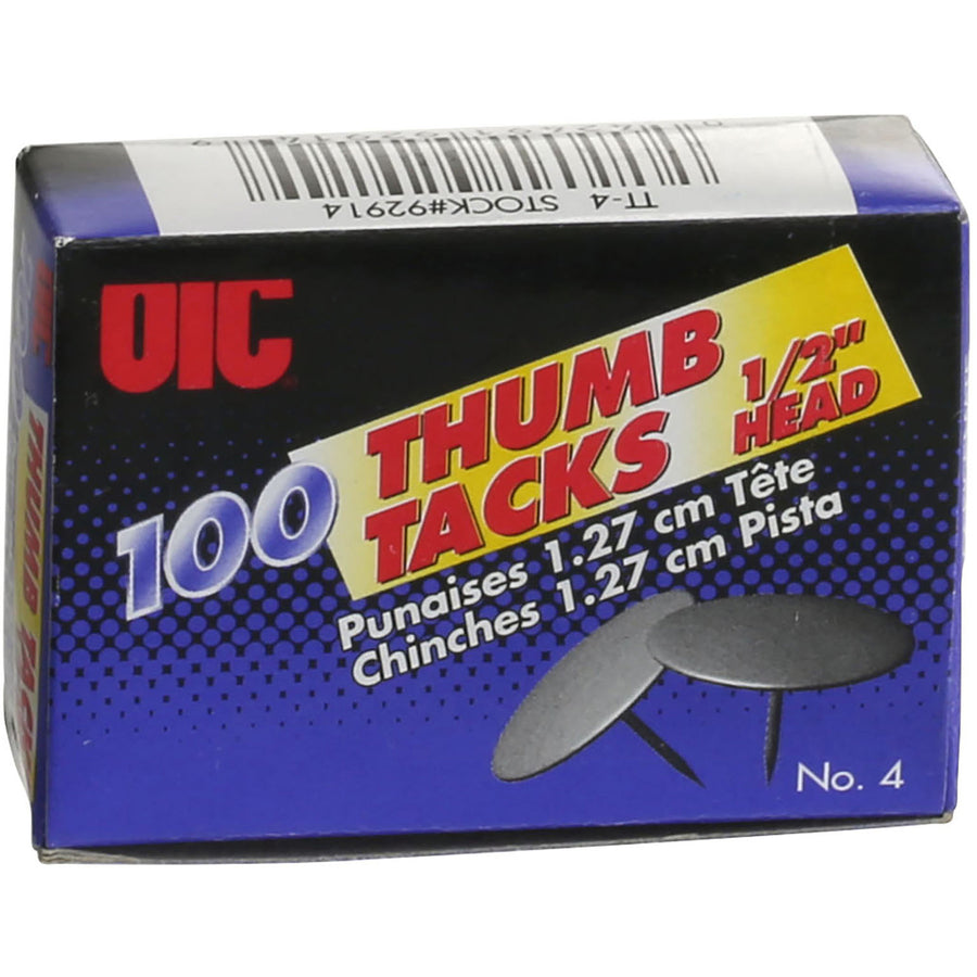 Officemate Steel Thumb Tacks - 0.50" Head - 100 / Box - Silver - 