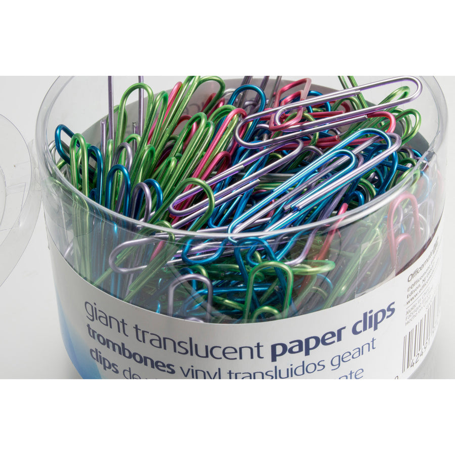 Officemate Translucent Vinyl Paper Clips - Jumbo - 2" Length x 0.5" Width - 200 / Pack - Blue, Red, Green, Silver, Purple - Vinyl