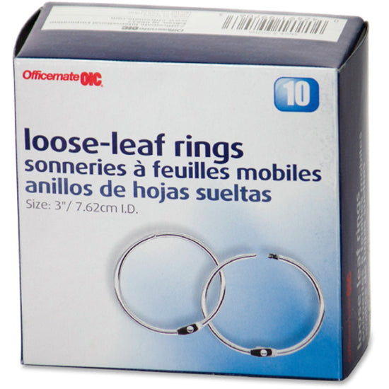 Officemate Loose-Leaf Book Rings - 3" Diameter - Silver - Metal - 10 / Box - 