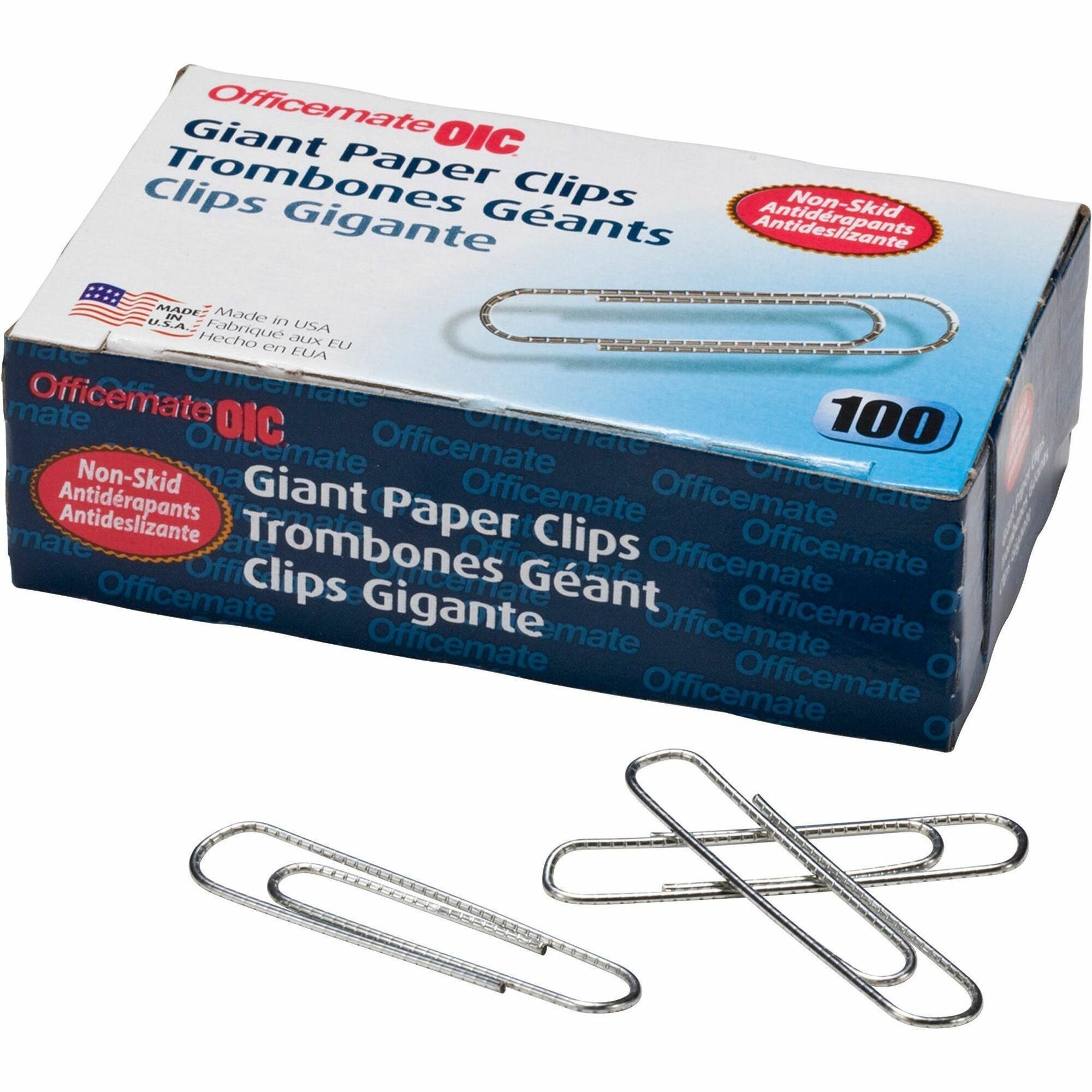 Officemate Giant Nonskid Paper Clips - Jumbo - 2" Length x 0.5" Width - 1000 / Pack - Silver - Steel - 1