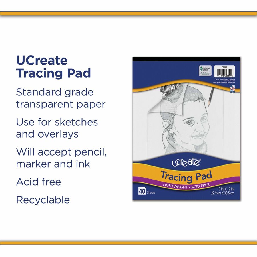 UCreate Tracing Pad - 40 Sheets - Plain - Unruled Margin - 9" x 12" - Transparent Paper - Bleed-free - 40 / Pad