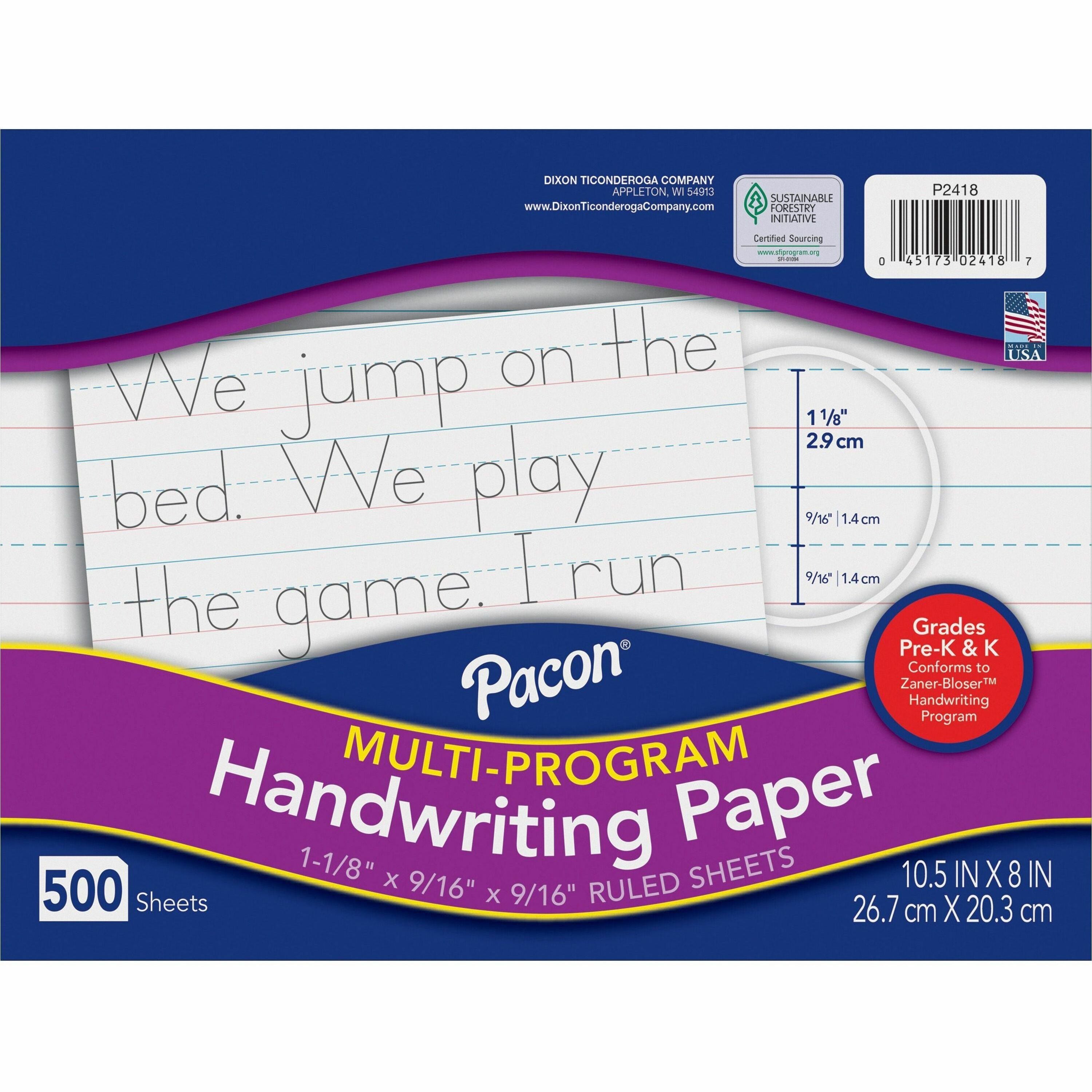Pacon Multi-Program Handwriting Papers - 500 Sheets - 1.13" Ruled - Unruled Margin - 10 1/2" x 8" - White Paper - 500 / Ream - 