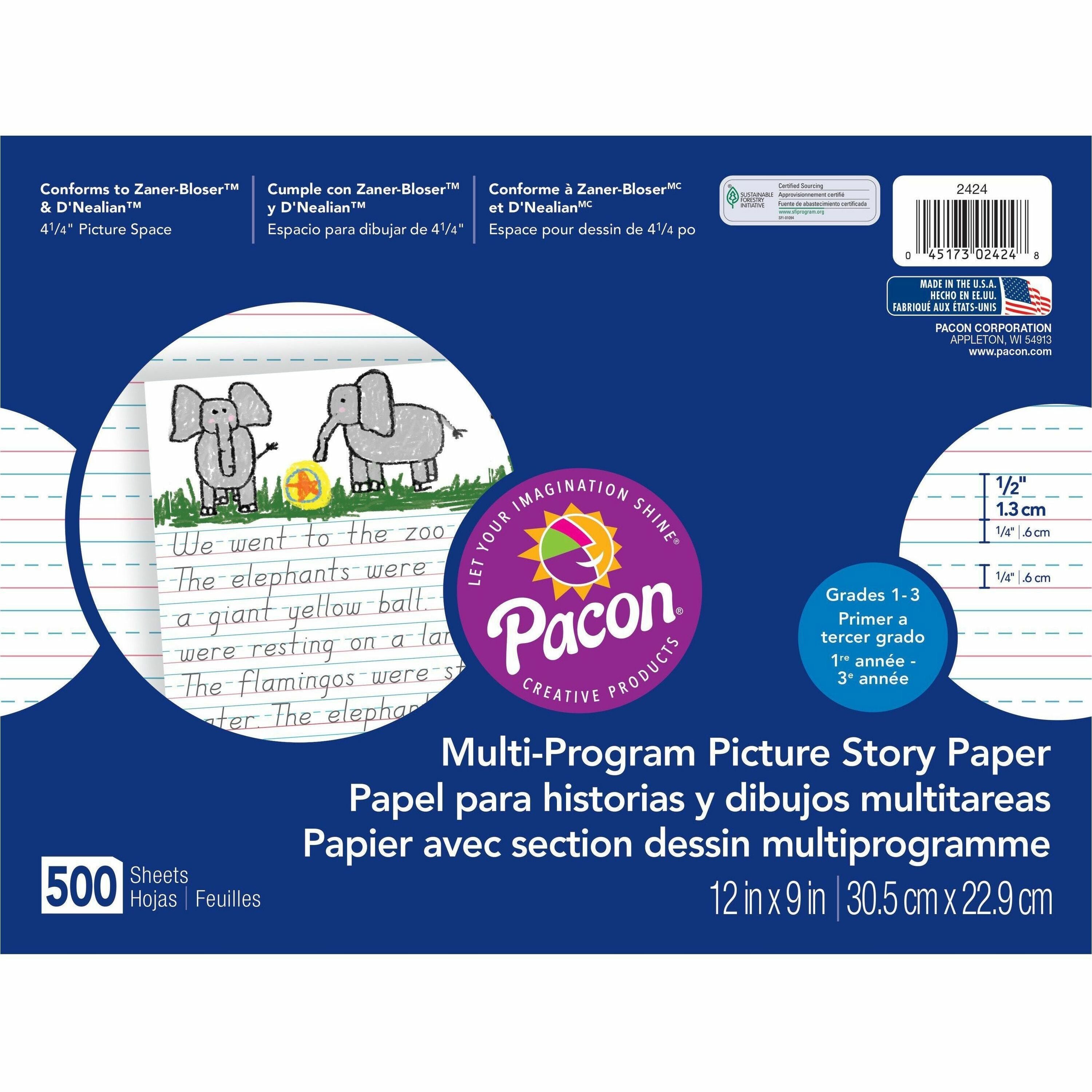 Multi-Program Picture Story Paper, 16 lb, 1/2" Long Rule, One-Sided, 9 x 12, 500/Pack