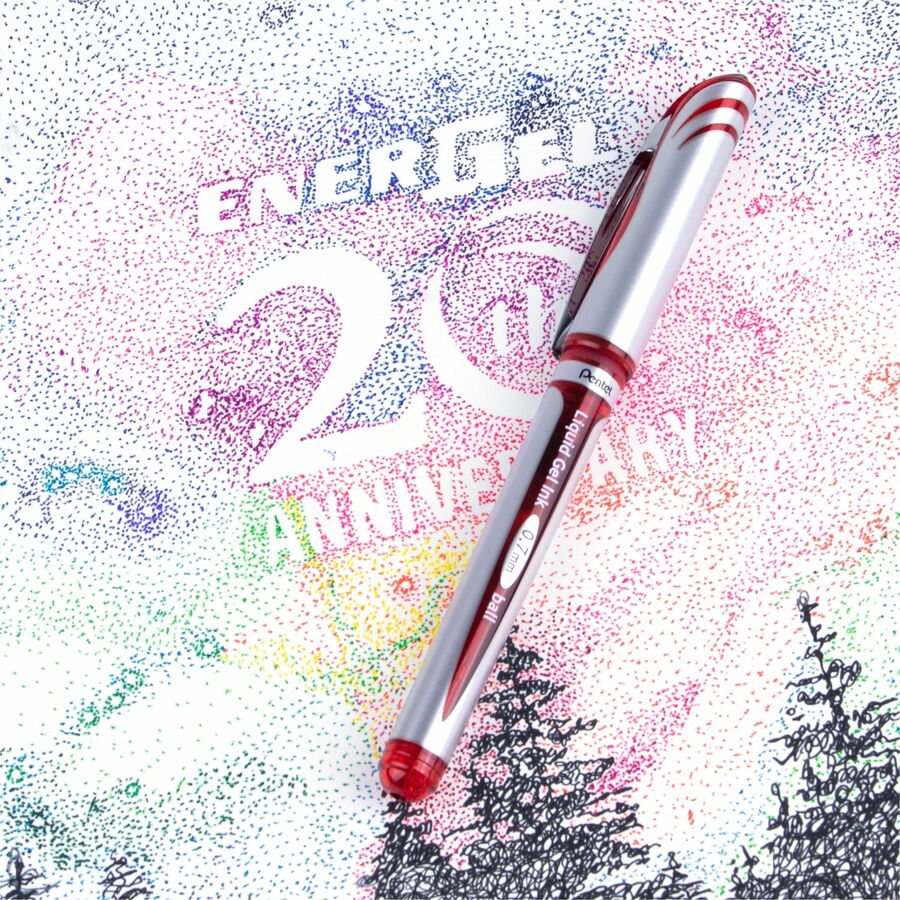 EnerGel EnerGel Deluxe Liquid Gel Pen - Medium Pen Point - 0.7 mm Pen Point Size - Refillable - Red Gel-based Ink - Silver Barrel - 1 Each