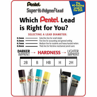 Pentel Super Hi-Polymer Leads - 0.5 mmFine Point - 2H - Black - 12 / Tube