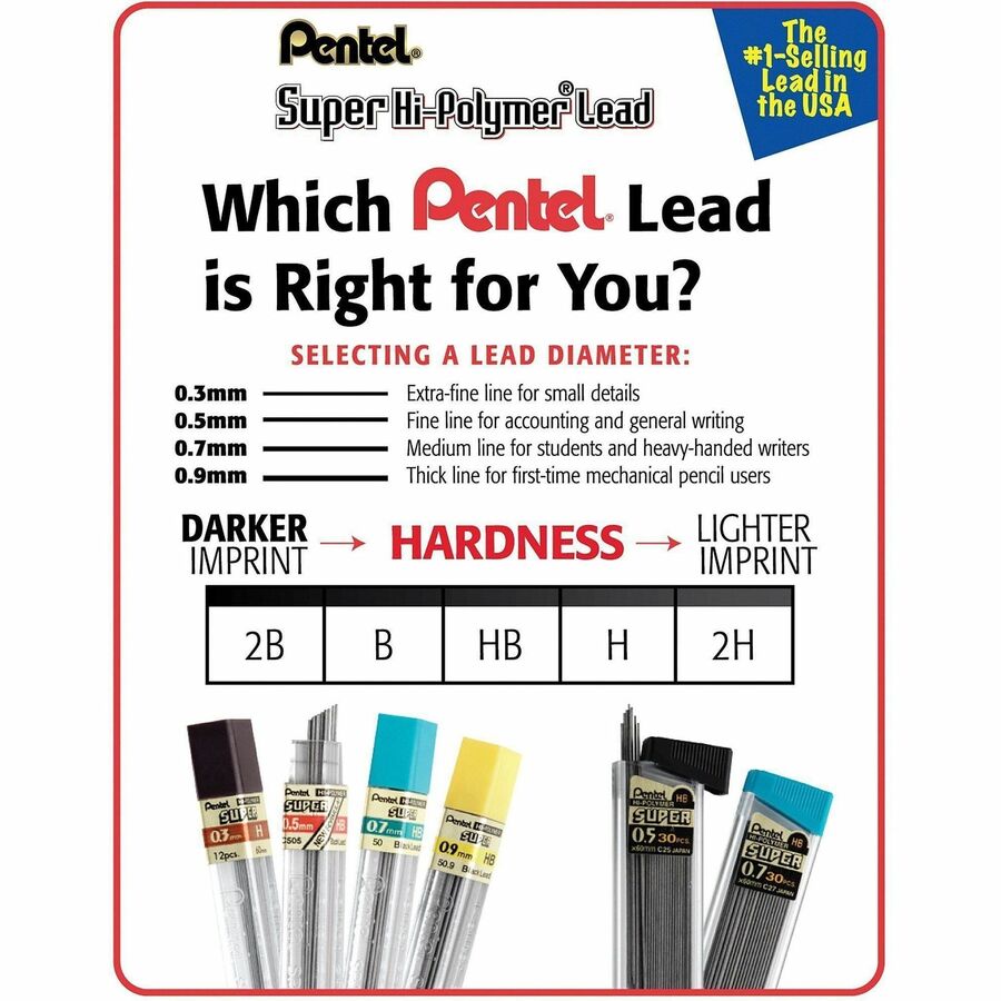 Pentel Super Hi-Polymer Leads - 0.5 mmFine Point - 2H - Black - 12 / Tube