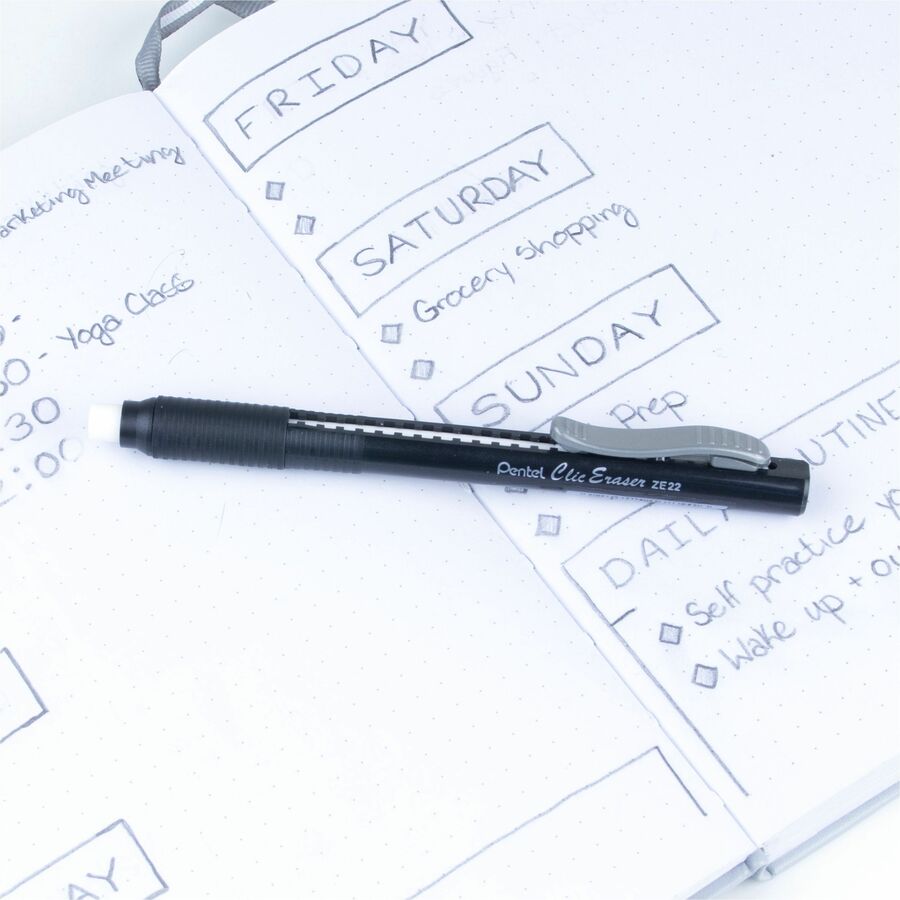 Pentel Rubber Grip Clic Eraser - Black - Black - Pen - Refillable - 1 Each - Retractable, Latex-free Grip, Ghost Resistant, Pocket Clip