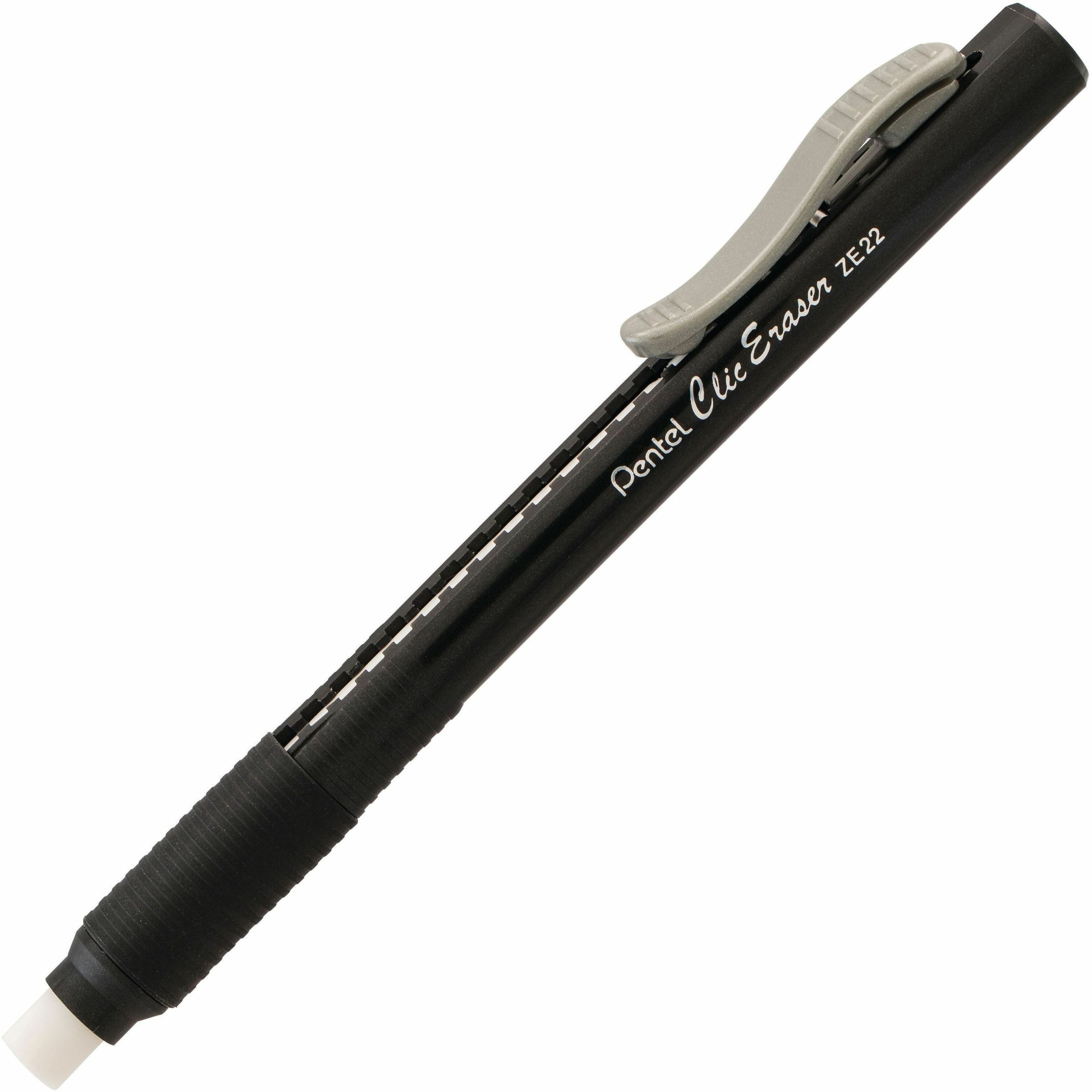 Pentel Rubber Grip Clic Eraser - Black - Black - Pen - Refillable - 1 Each - Retractable, Latex-free Grip, Ghost Resistant, Pocket Clip