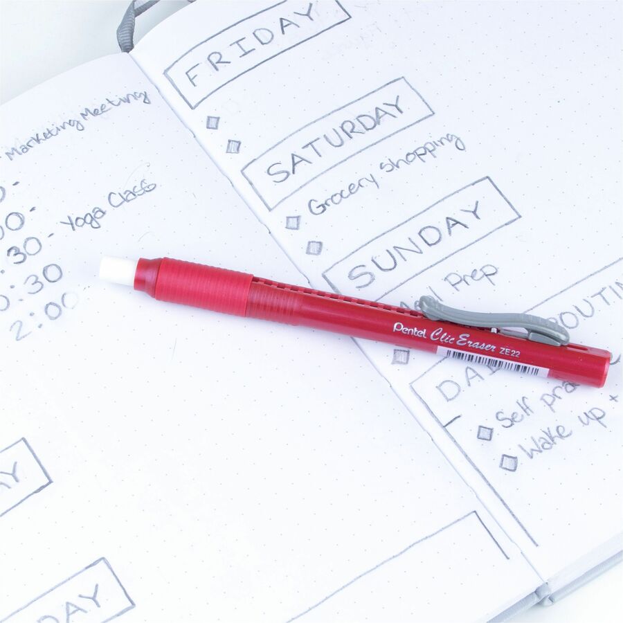 Pentel Rubber Grip Clic Eraser - Red - Pen - Refillable - 1 Each - Retractable, Latex-free Grip, Pocket Clip, Ghost Resistant, Non-abrasive