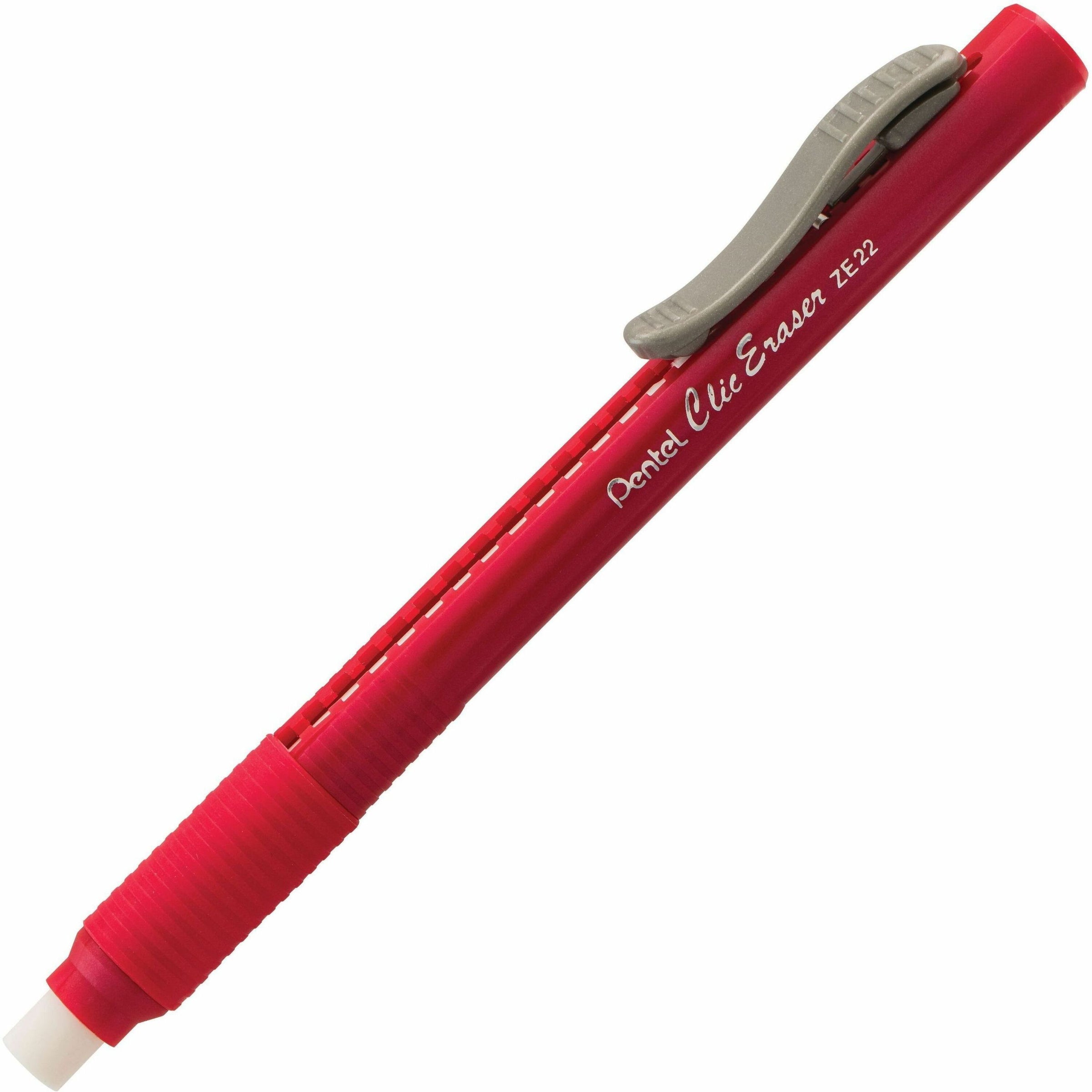 Pentel Rubber Grip Clic Eraser - Red - Pen - Refillable - 1 Each - Retractable, Latex-free Grip, Pocket Clip, Ghost Resistant, Non-abrasive