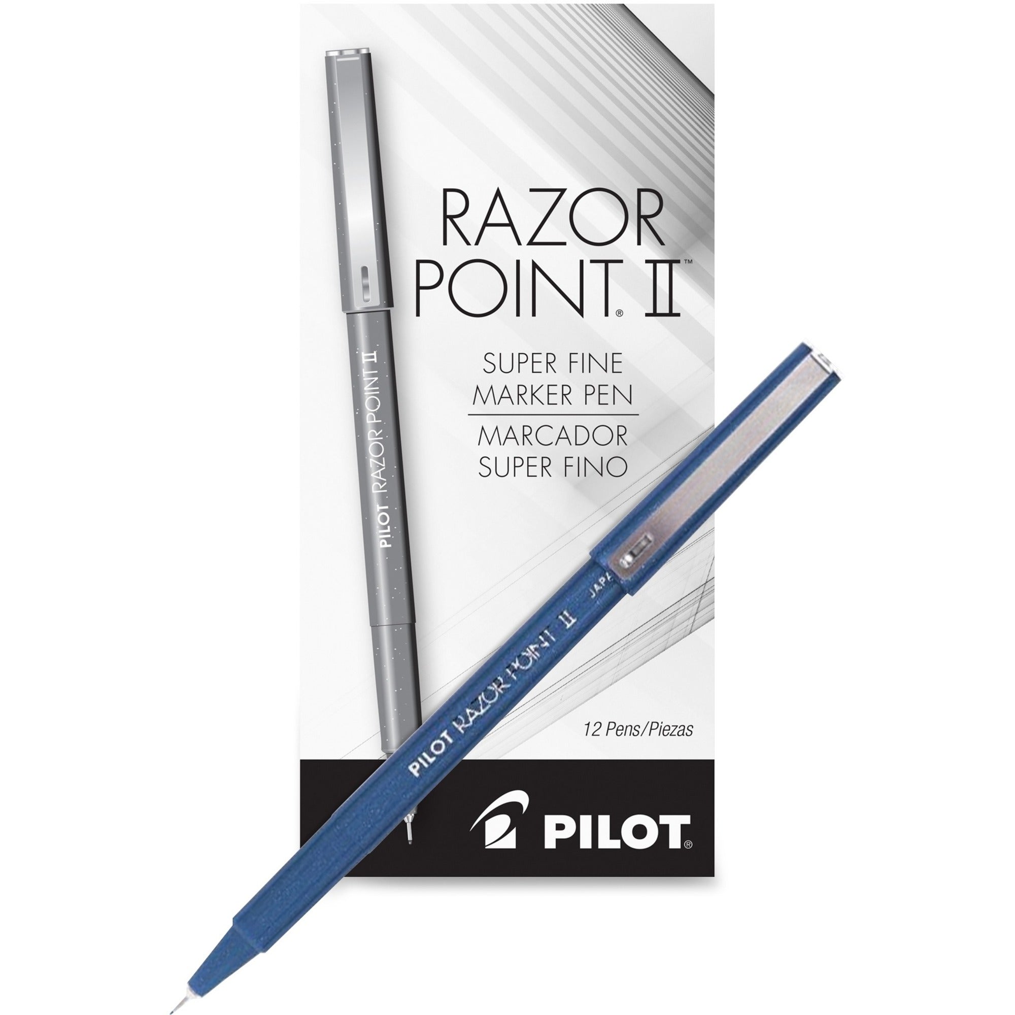 Razor Point II Super Fine Line Porous Point Pen, Stick, Ultra-Fine 0.2 mm, Blue Ink, Blue Barrel, Dozen