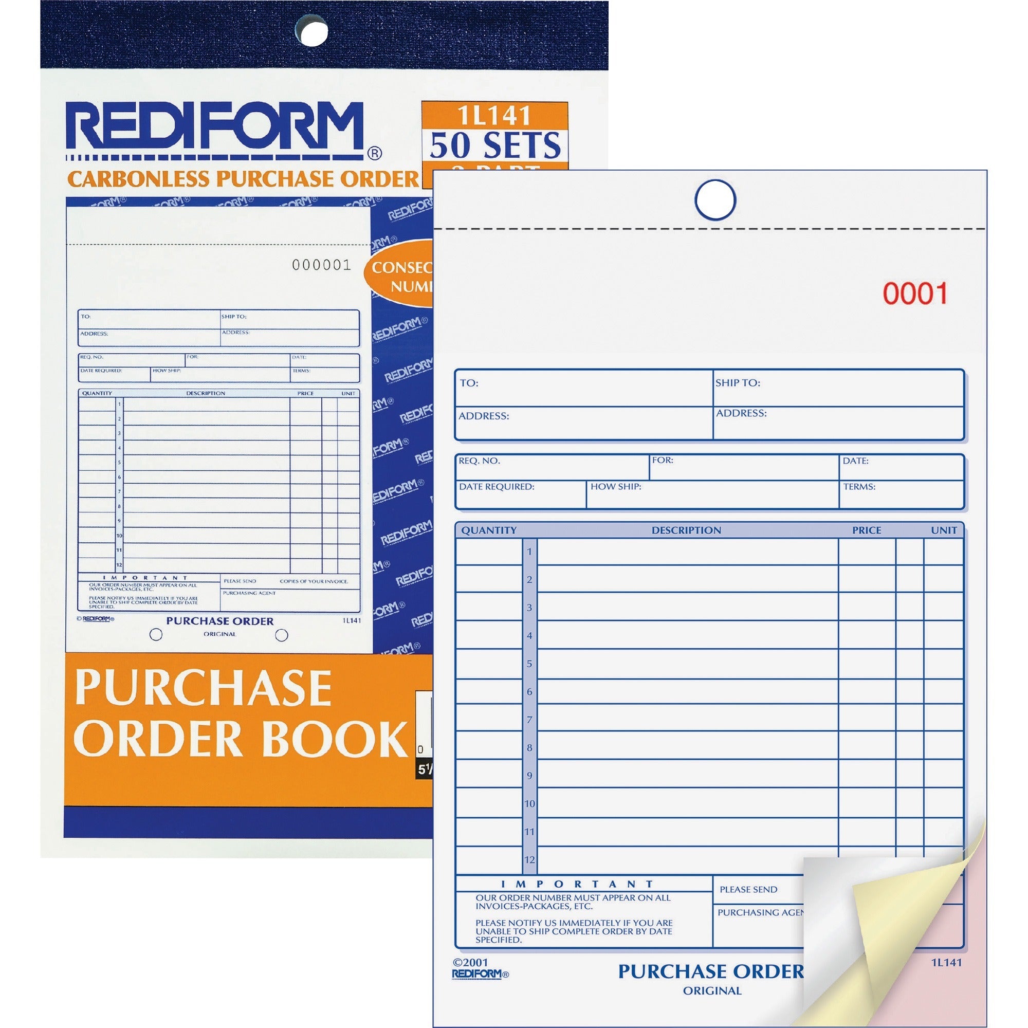 Purchase Order Book, 12 Lines, Three-Part Carbonless, 5.5 x 7.88, 50 Forms Total
