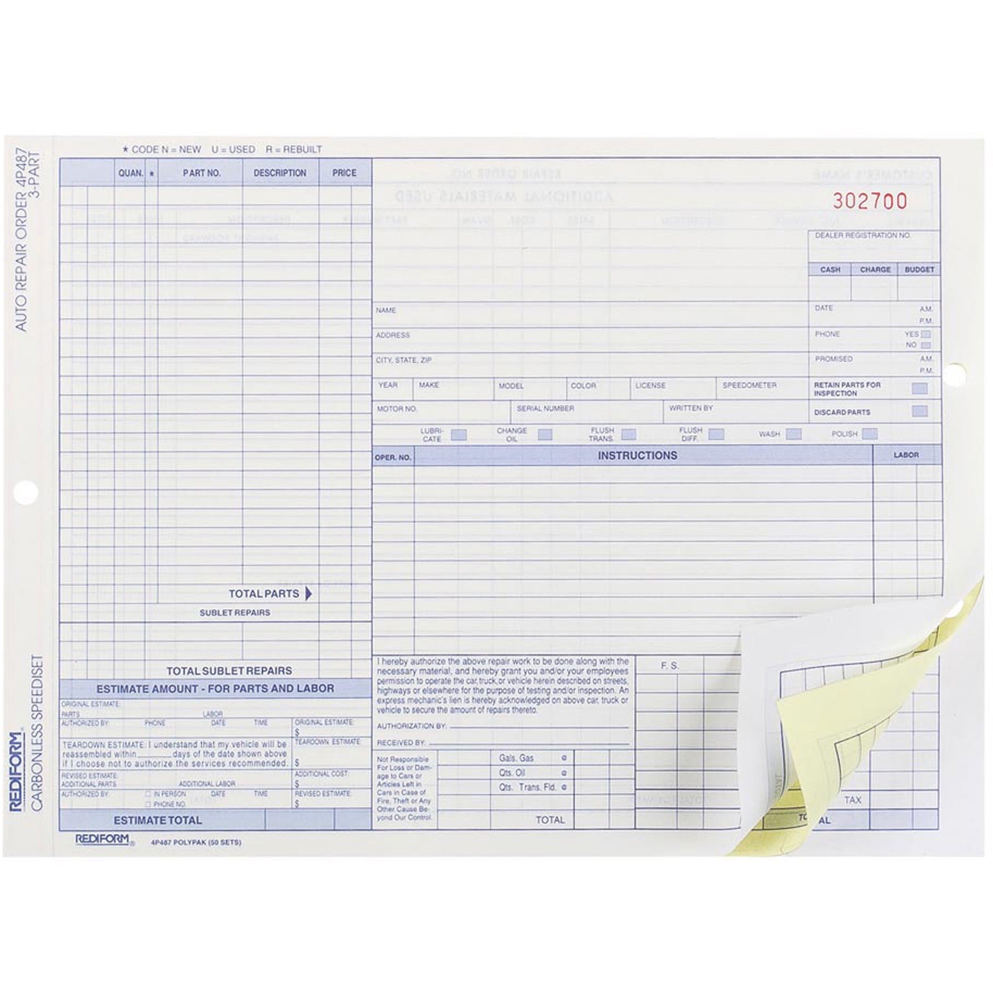 Rediform 3-part Auto Repair Order Forms - 3 PartCarbonless Copy - 11" x 8.50" Sheet Size - Assorted Sheet(s) - Blue Print Color - 50 / Pack - 