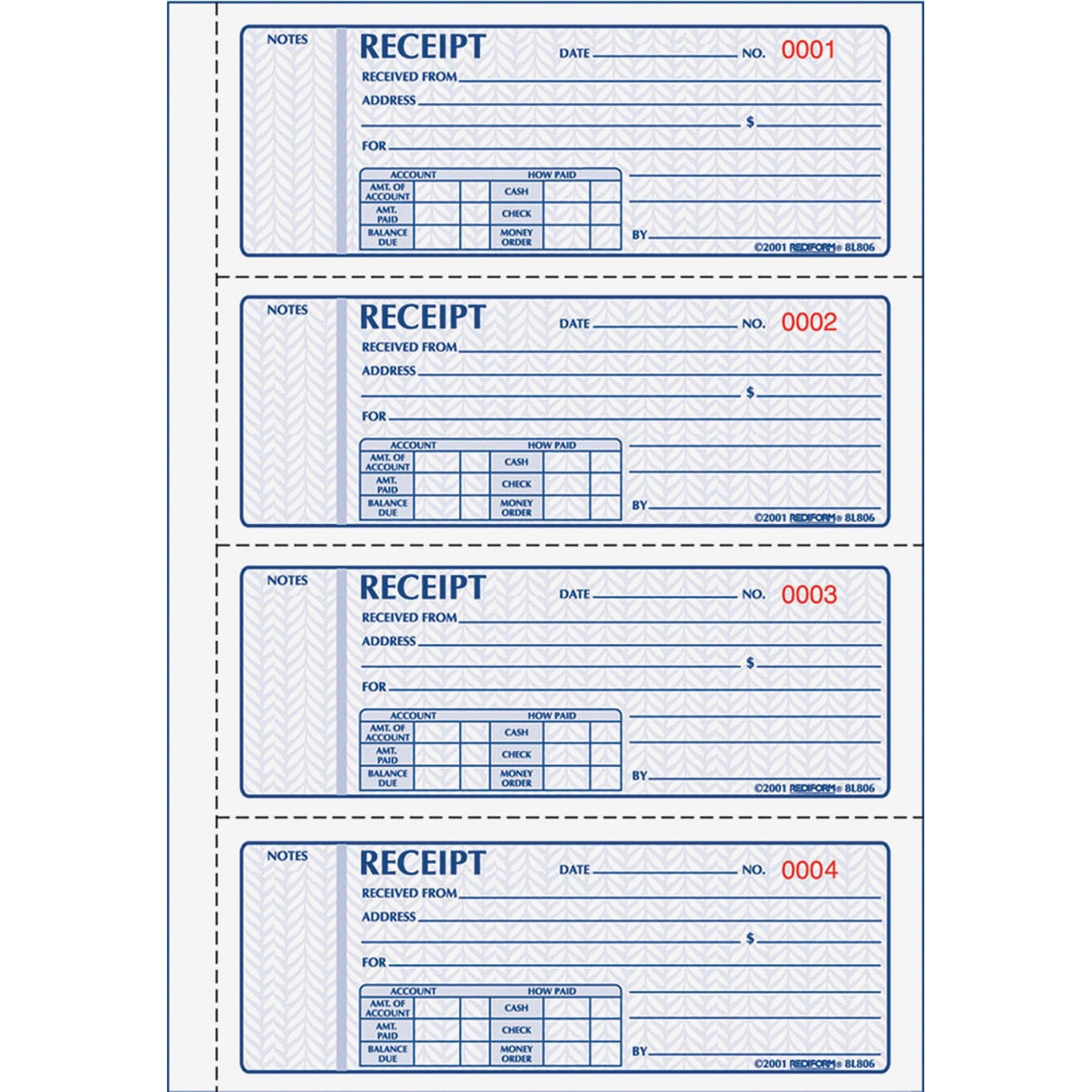 Receipt Book, Two-Part Carbonless, 7 x 2.75, 4 Forms/Sheet, 400 Forms Total