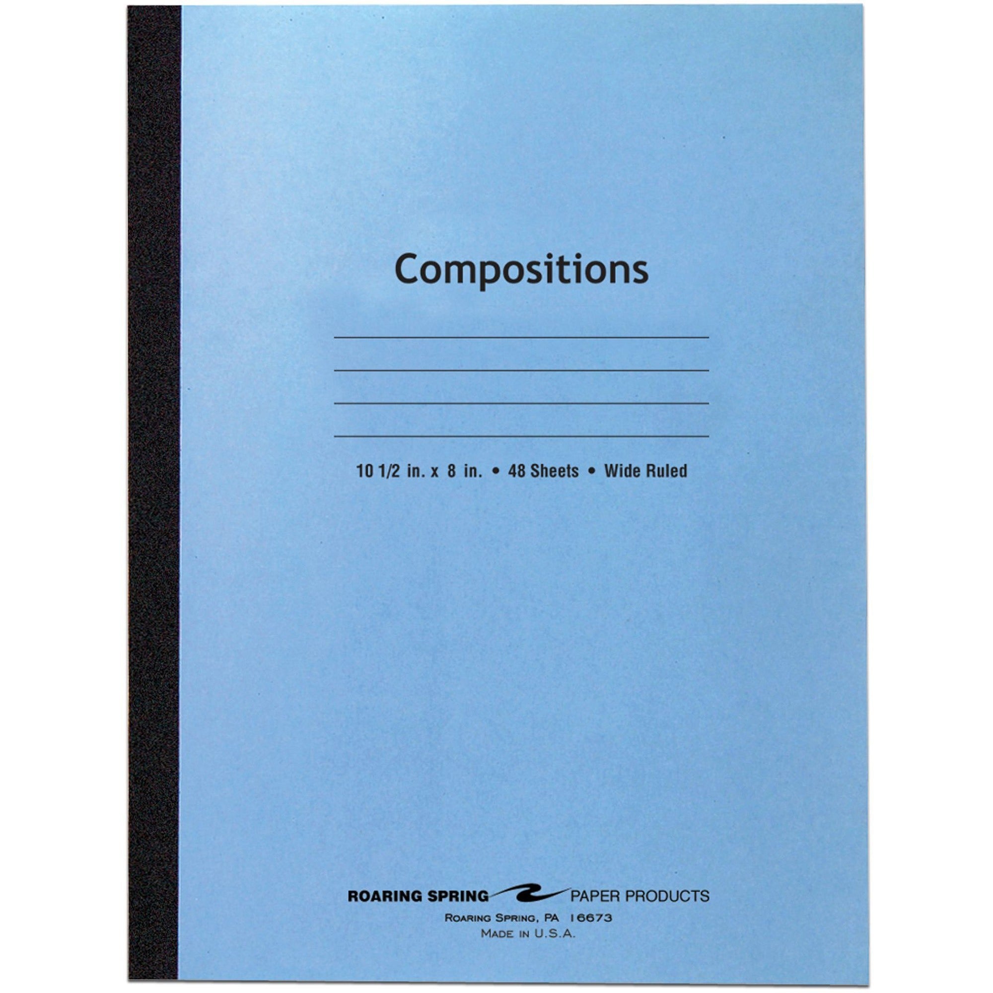 Roaring Spring Wide Ruled Flexible Cover Composition Book - 48 Sheets - 96 Pages - Printed - Sewn/Tapebound - Both Side Ruling Surface - Red Margin - 15 lb Basis Weight - 56 g/m2 Grammage - 10 1/2" x 8" - 0.25" x 8" x 10.5" - White Paper - Black - 
