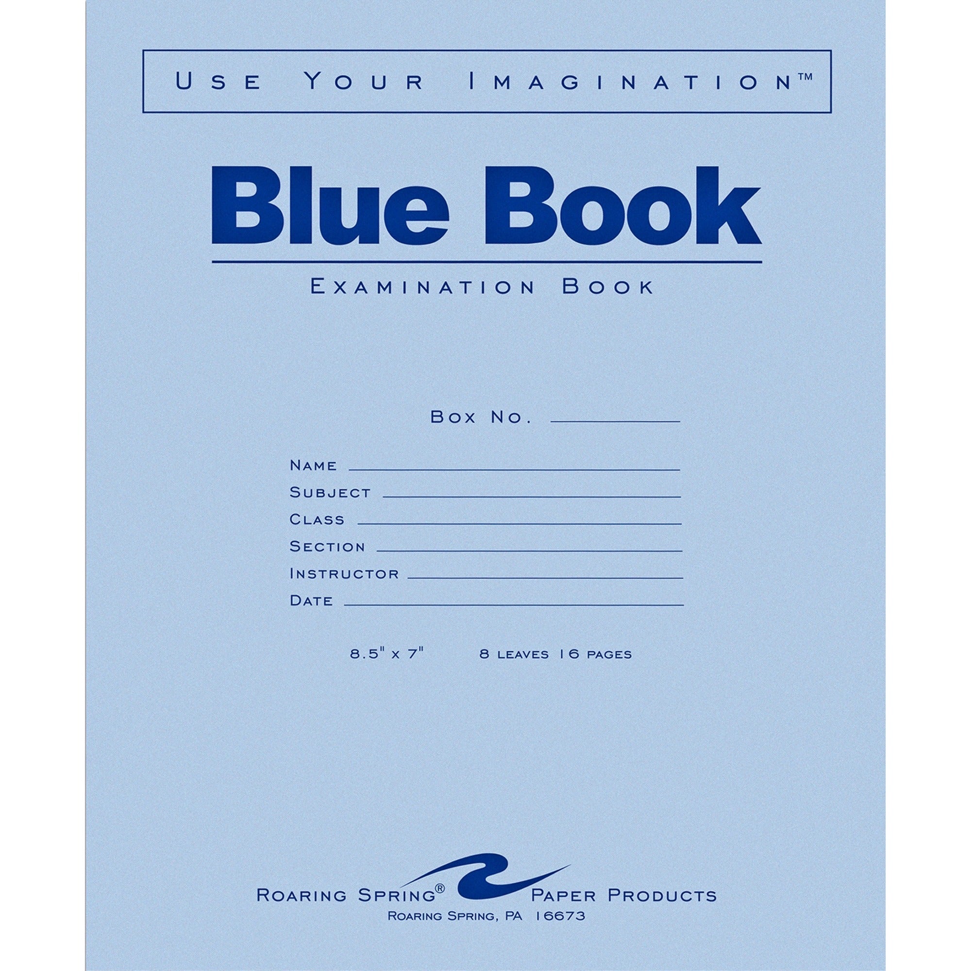 Roaring Spring Blue Book 8-sheet Exam Booklet - 8 Sheets - 16 Pages - Stapled/Glued - Red Margin - 15 lb Basis Weight - 7" x 8 1/2" - White Paper - Blue Cover - Flexible Cover - 50 / Pack - 