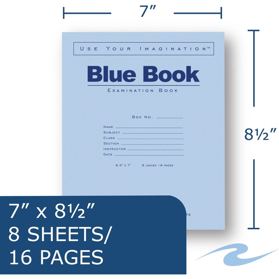 Roaring Spring Blue Book 8-sheet Exam Booklet - 8 Sheets - 16 Pages - Stapled/Glued - Red Margin - 15 lb Basis Weight - 7" x 8 1/2" - White Paper - Blue Cover - Flexible Cover - 50 / Pack - 