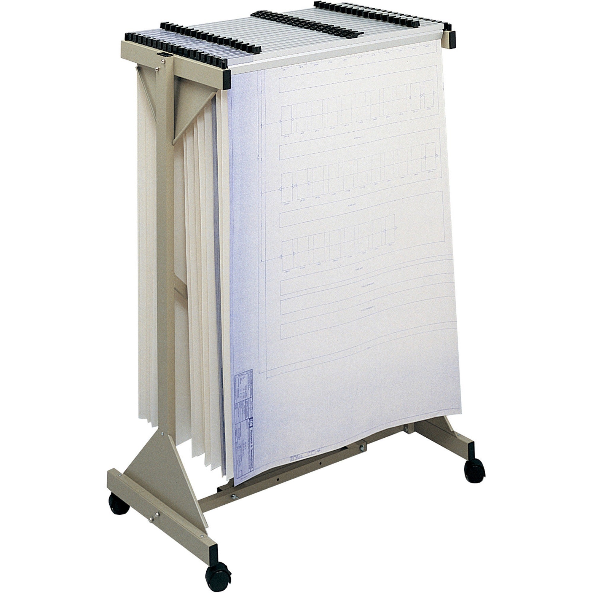 Mobile Plan Center Sheet Rack, 18 Hanging Clamps, 43.75w x 20.5d x 51h, Sand