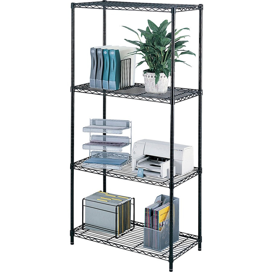 Safco Industrial Wire Shelving - 48" x 18" x 72" - 4 x Shelf(ves) - 1250 lb Load Capacity - Leveling Glide, Dust Proof, Adjustable Leveler, Adjustable Feet - Black - Powder Coated - Steel - Assembly Required