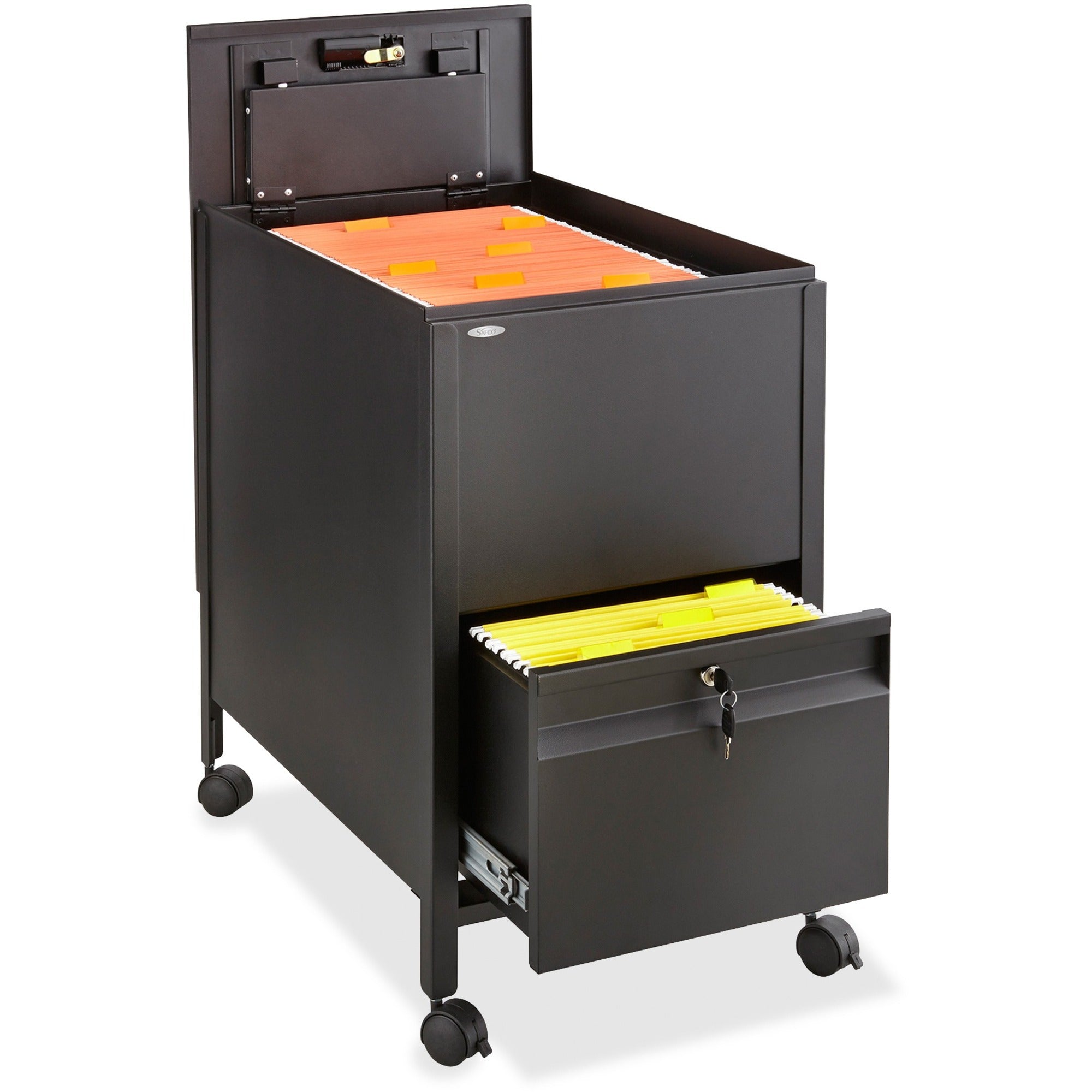 Locking Mobile Tub File with Drawer, Letter Size, Metal, 1 Drawer, 1 Bin, 17" x 26" x 28", Black