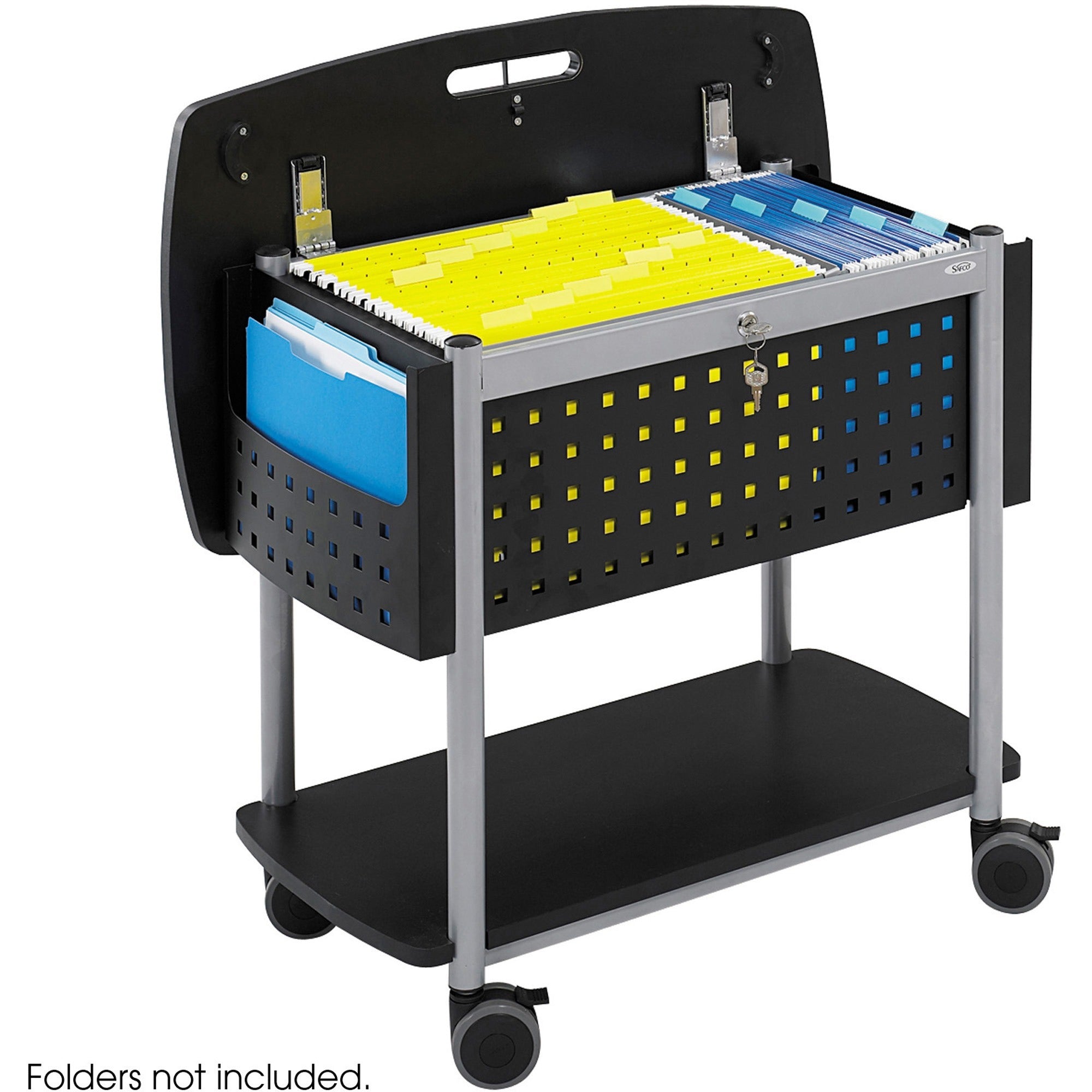 Scoot Mobile File, Metal, 2 Shelves, 2 Bins, 29.75" x 18.75" x 27", Black/Silver