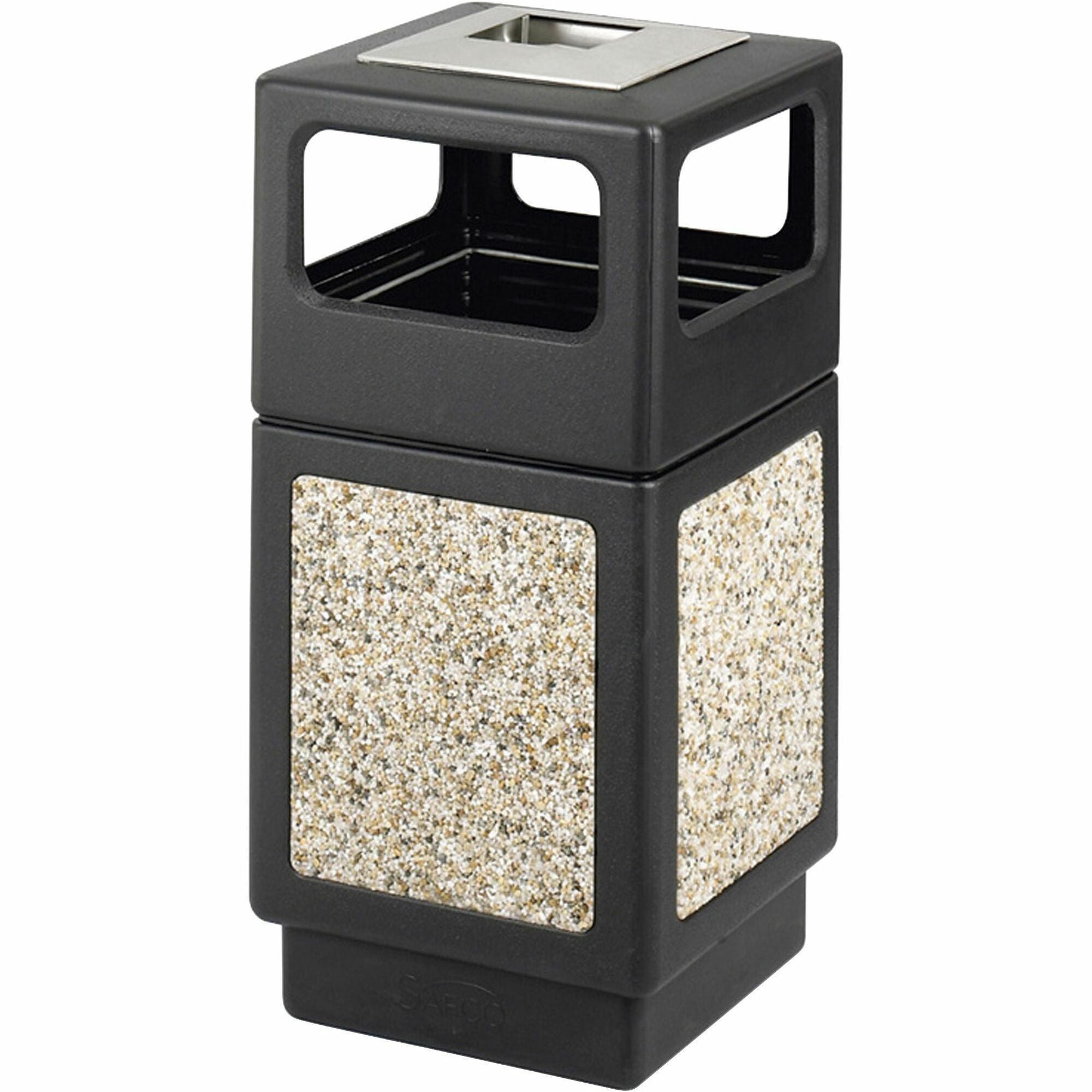 Safco Plastic/Stone Aggregate Receptacles - 38 gal Capacity - Square - 39.3" Height x 18.3" Width x 18.3" Depth - Polyethylene, Stainless Steel - Black - 1 Each - 