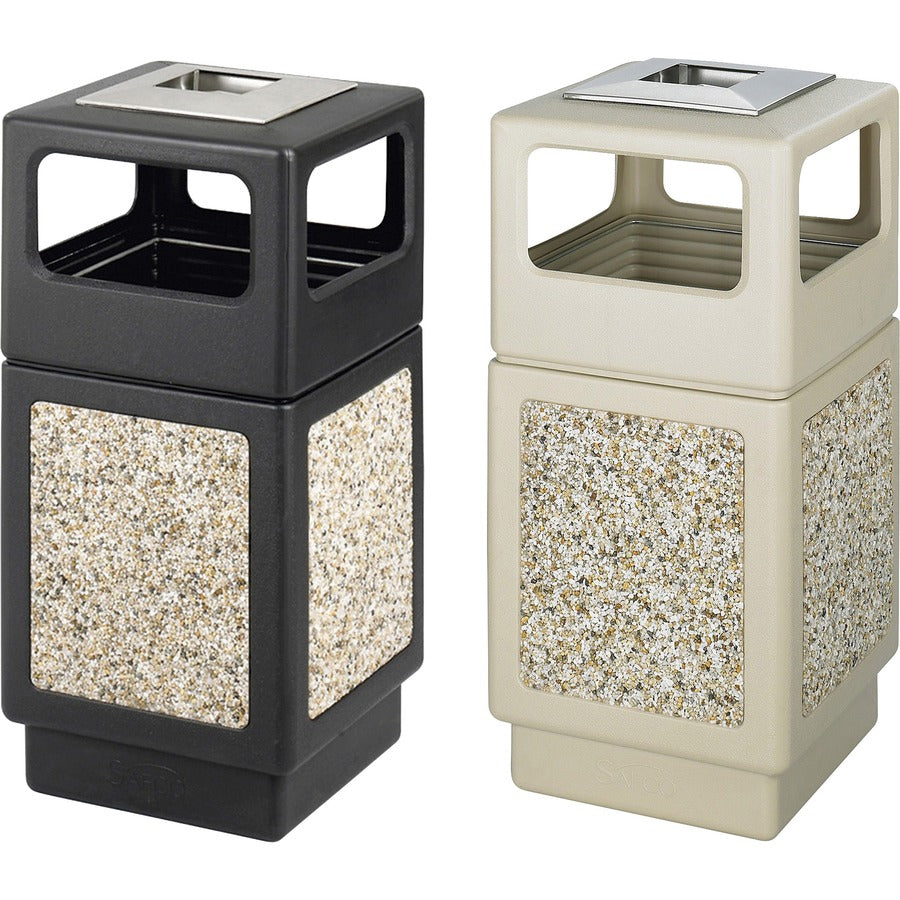 Safco Plastic/Stone Aggregate Receptacles - 38 gal Capacity - Square - 39.3" Height x 18.3" Width x 18.3" Depth - Polyethylene, Stainless Steel - Black - 1 Each - 