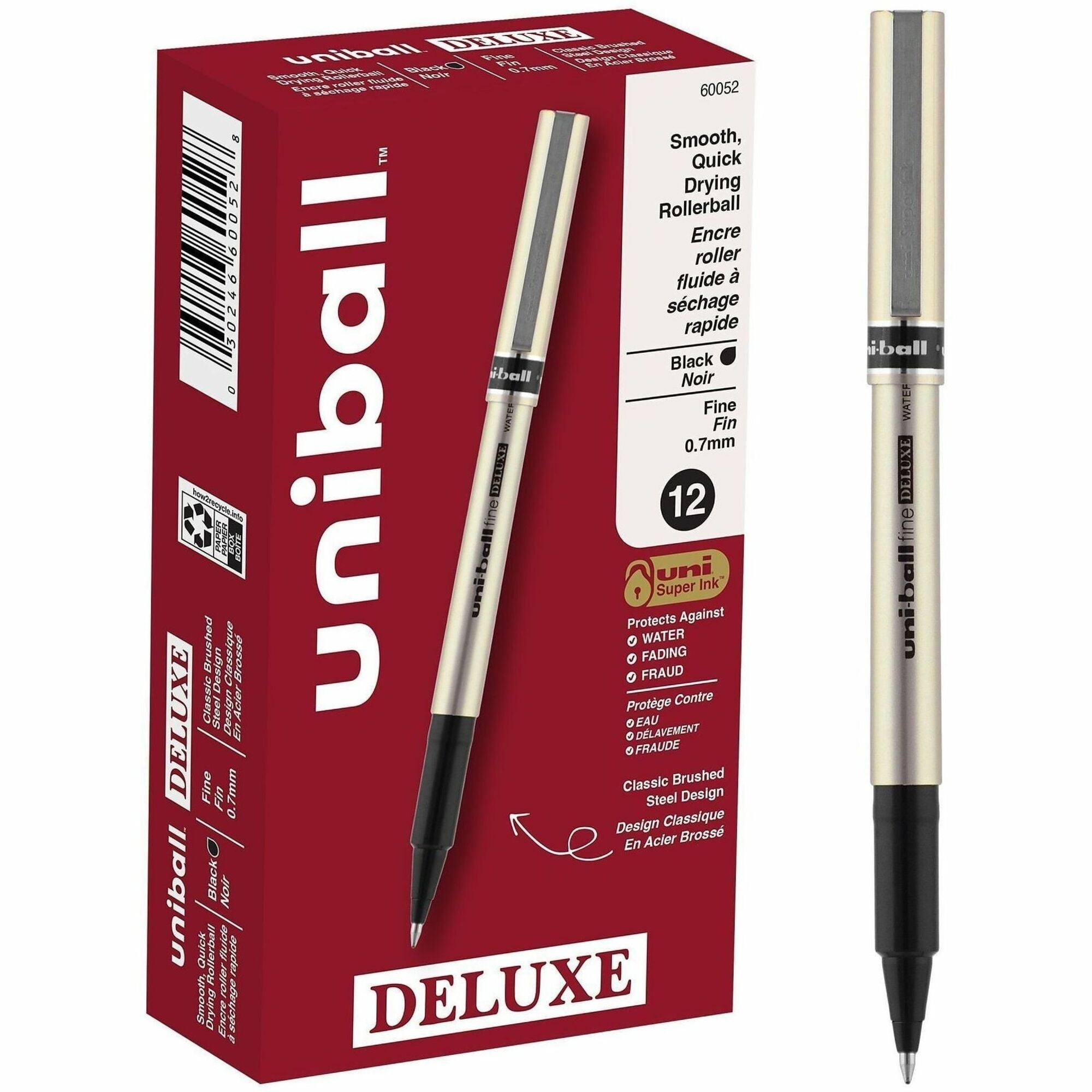Deluxe Roller Ball Stick Waterproof Pen, Black Ink, Fine, Dozen, Sold as 1 Dozen