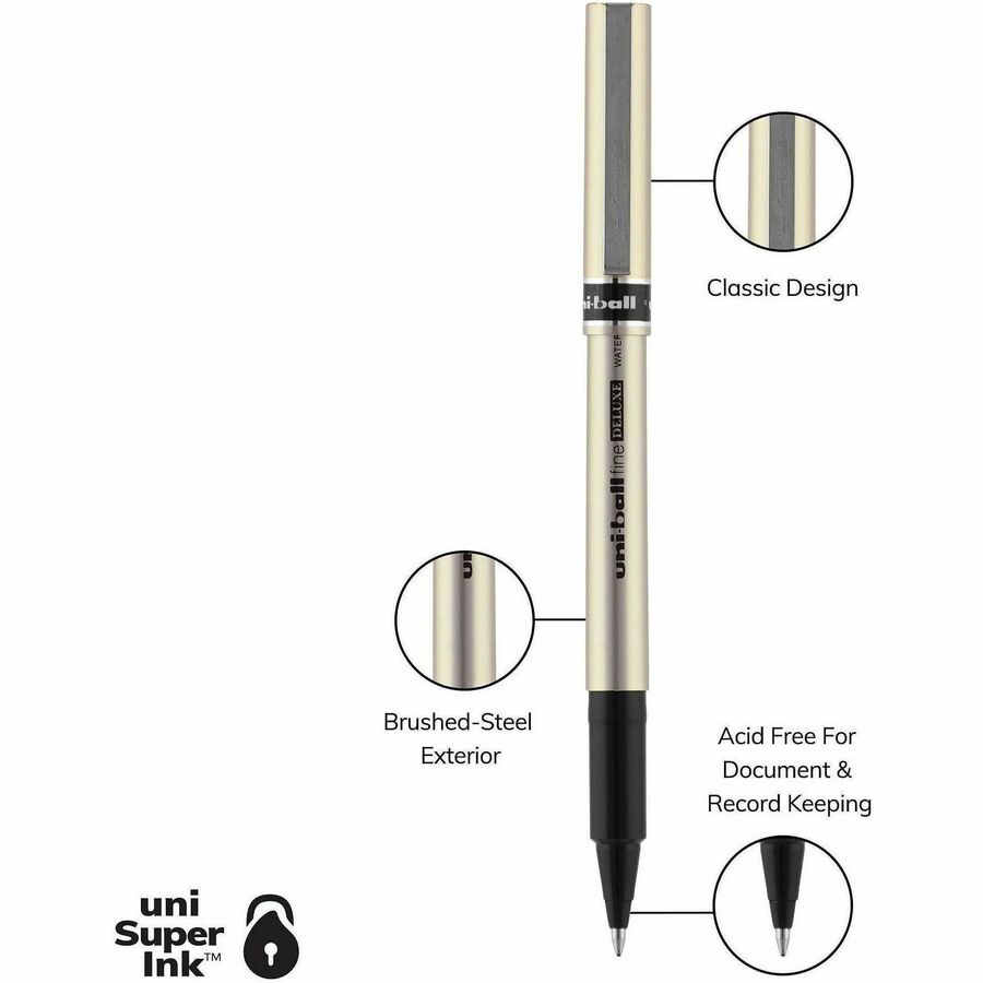 Deluxe Roller Ball Stick Waterproof Pen, Black Ink, Fine, Dozen, Sold as 1 Dozen
